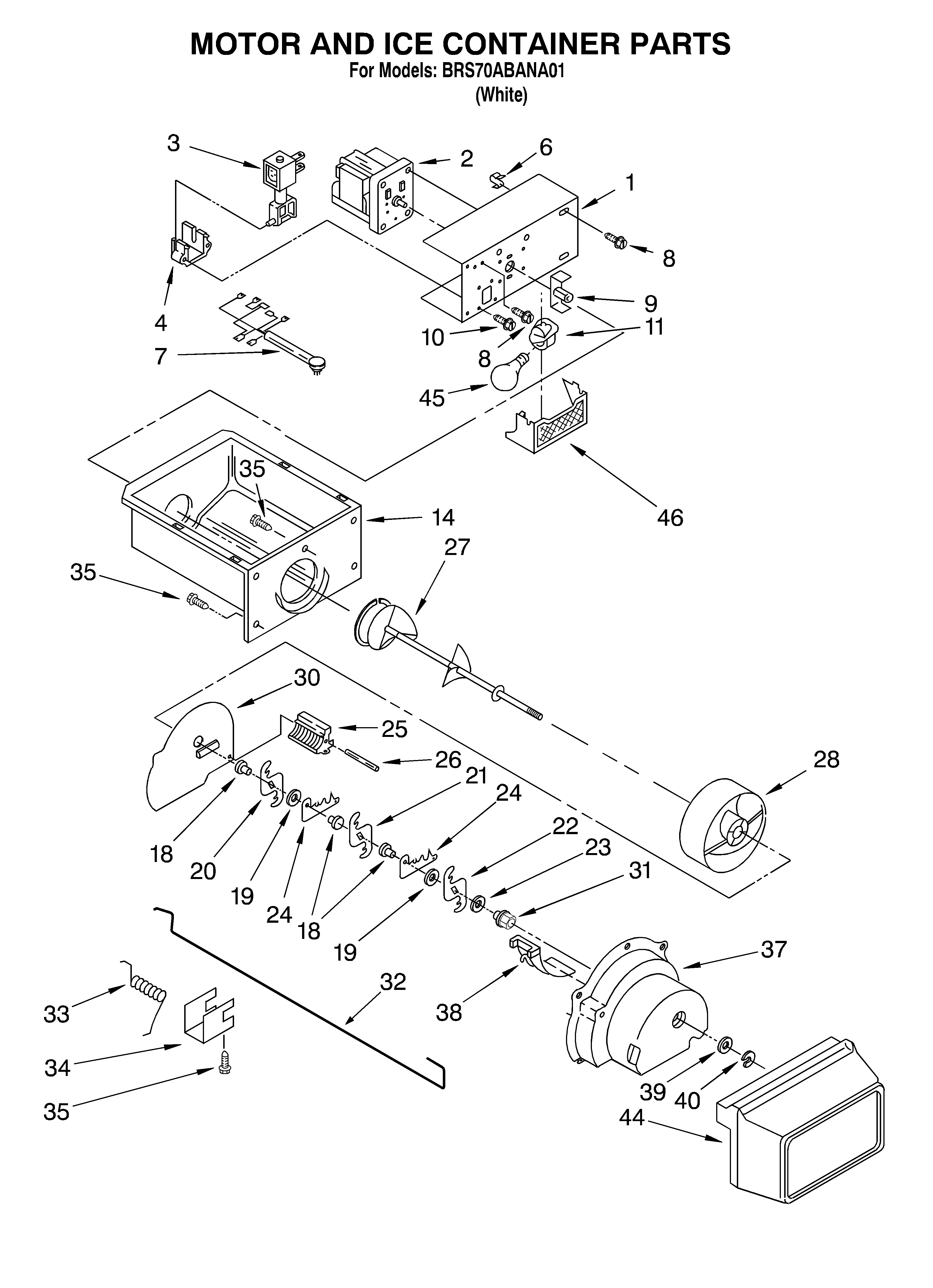 Whirlpool BRS70ABANA01 motor and ice container diagram