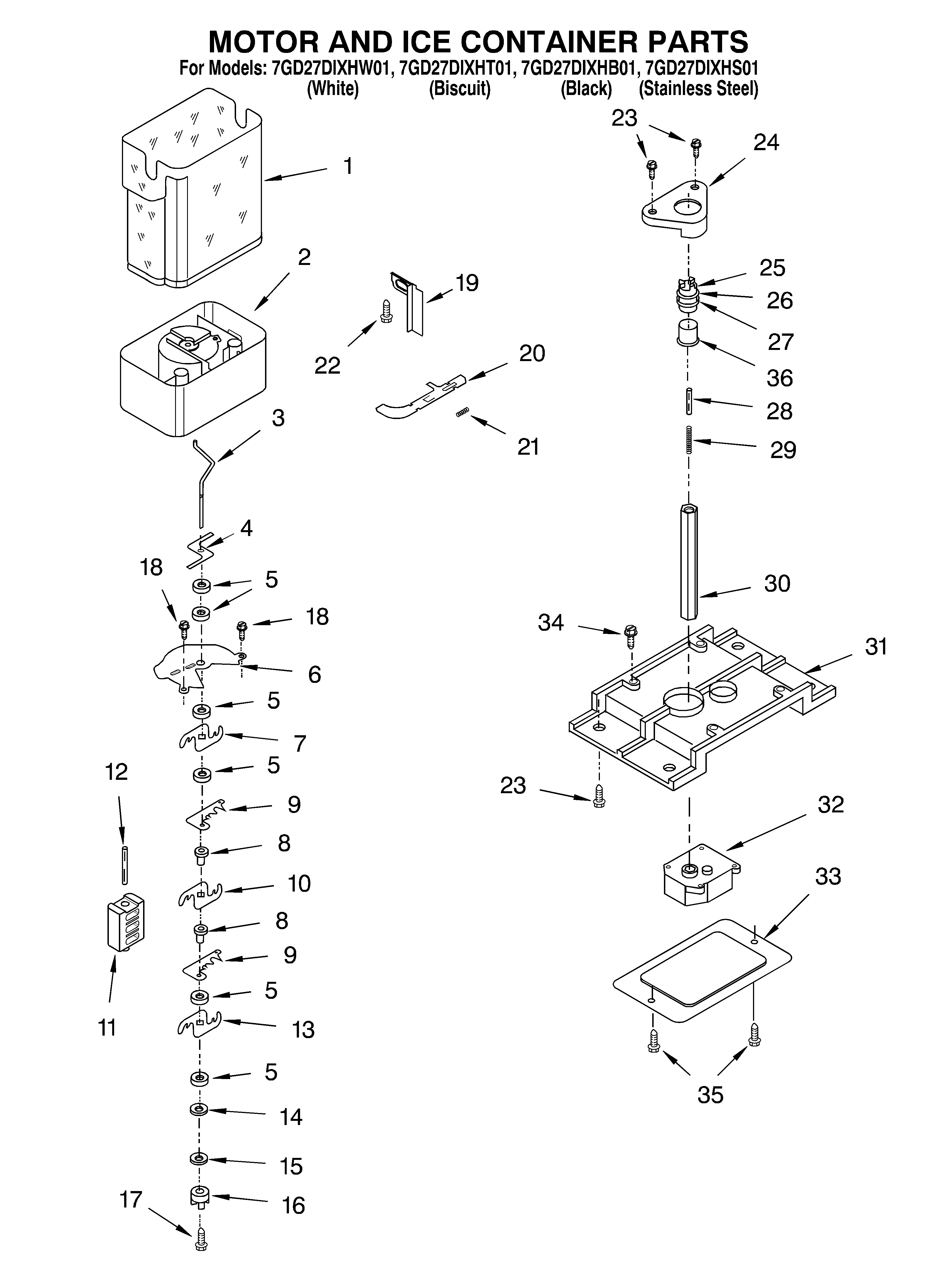 Whirlpool 7GD27DIXHT01 motor and ice container diagram