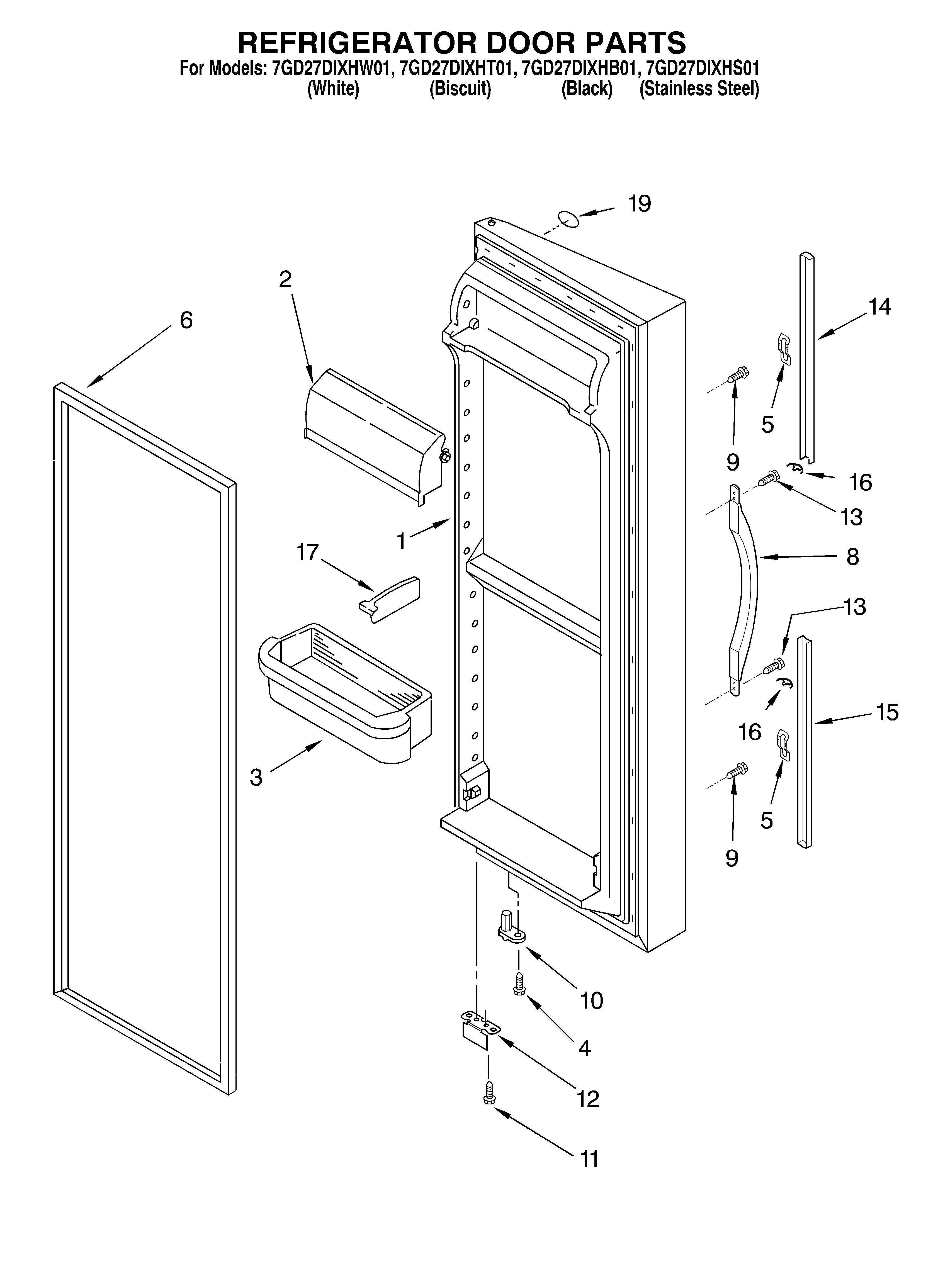 Whirlpool 7GD27DIXHT01 refrigerator door diagram