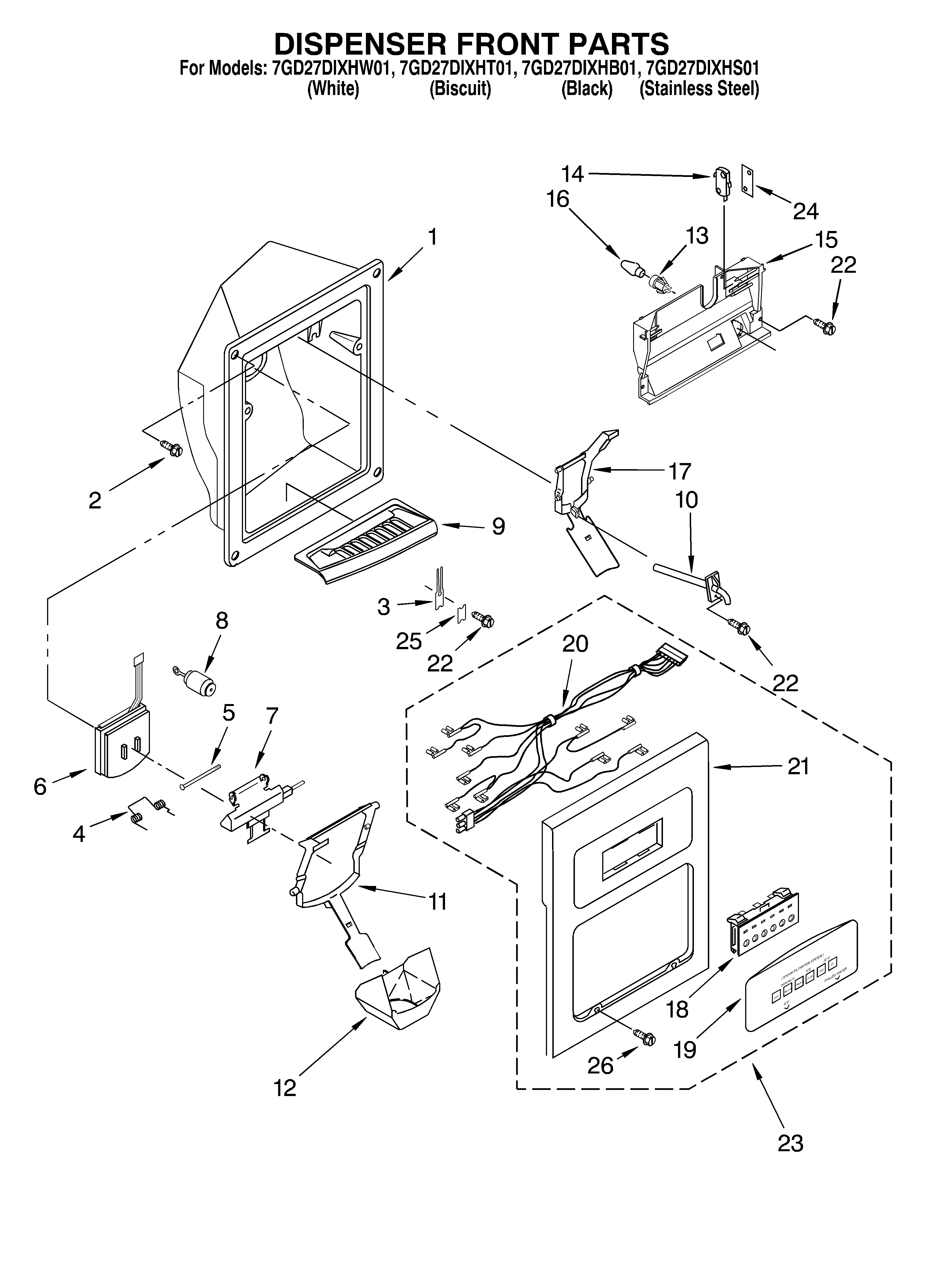 Whirlpool 7GD27DIXHT01 dispenser front diagram