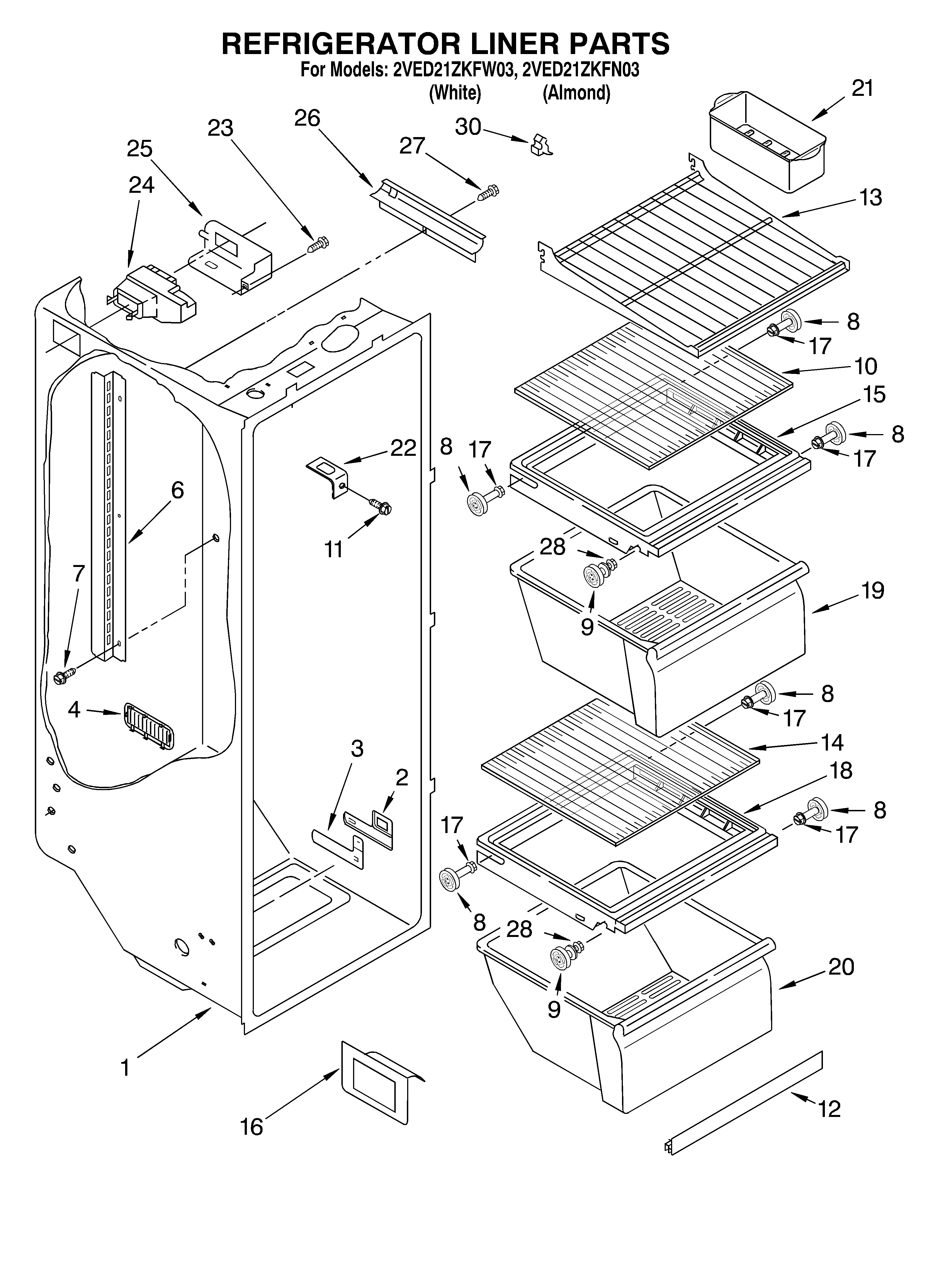 Whirlpool 2VED21ZKFW03 refrigerator liner diagram