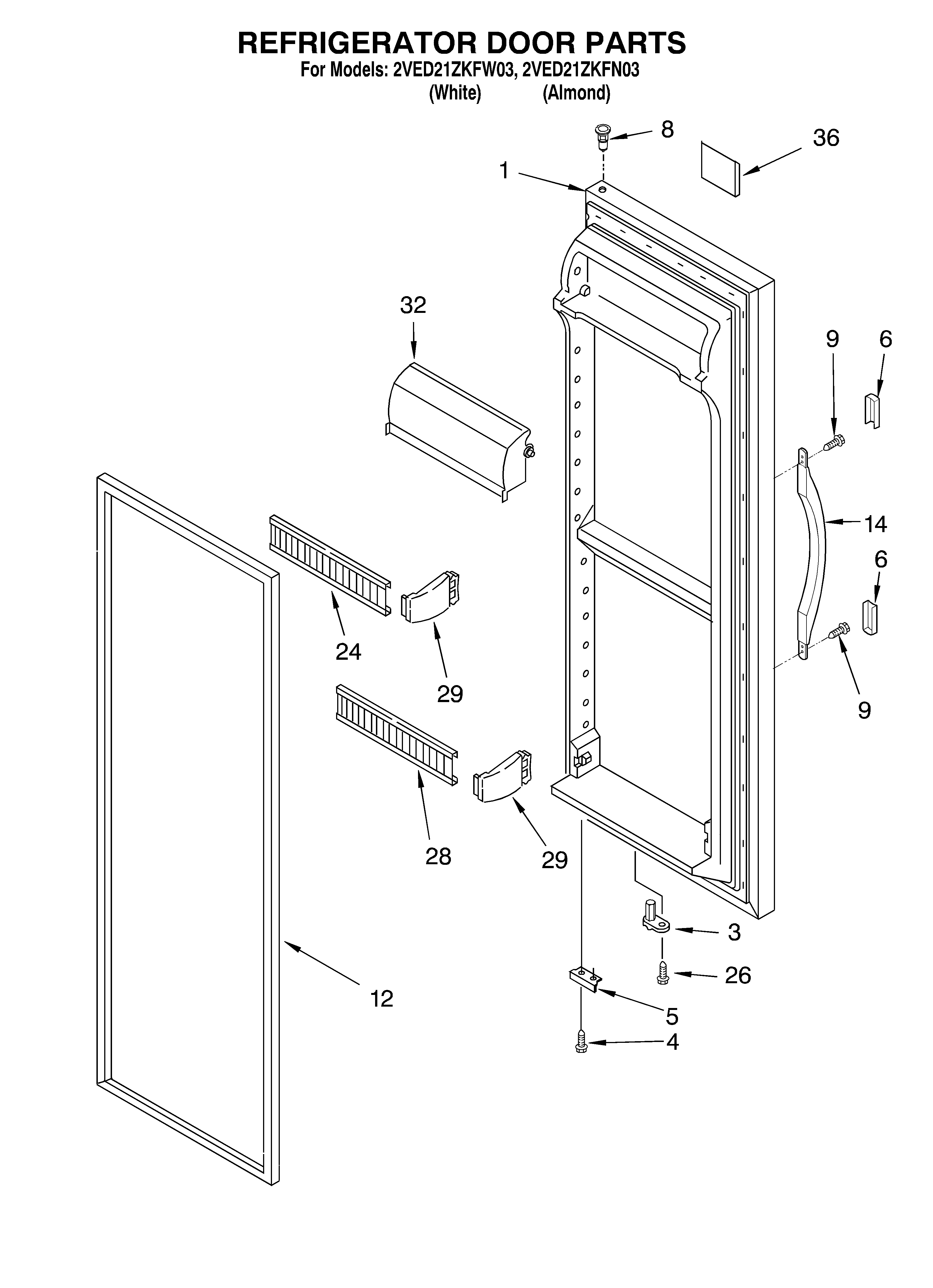 Whirlpool 2VED21ZKFW03 refrigerator door diagram