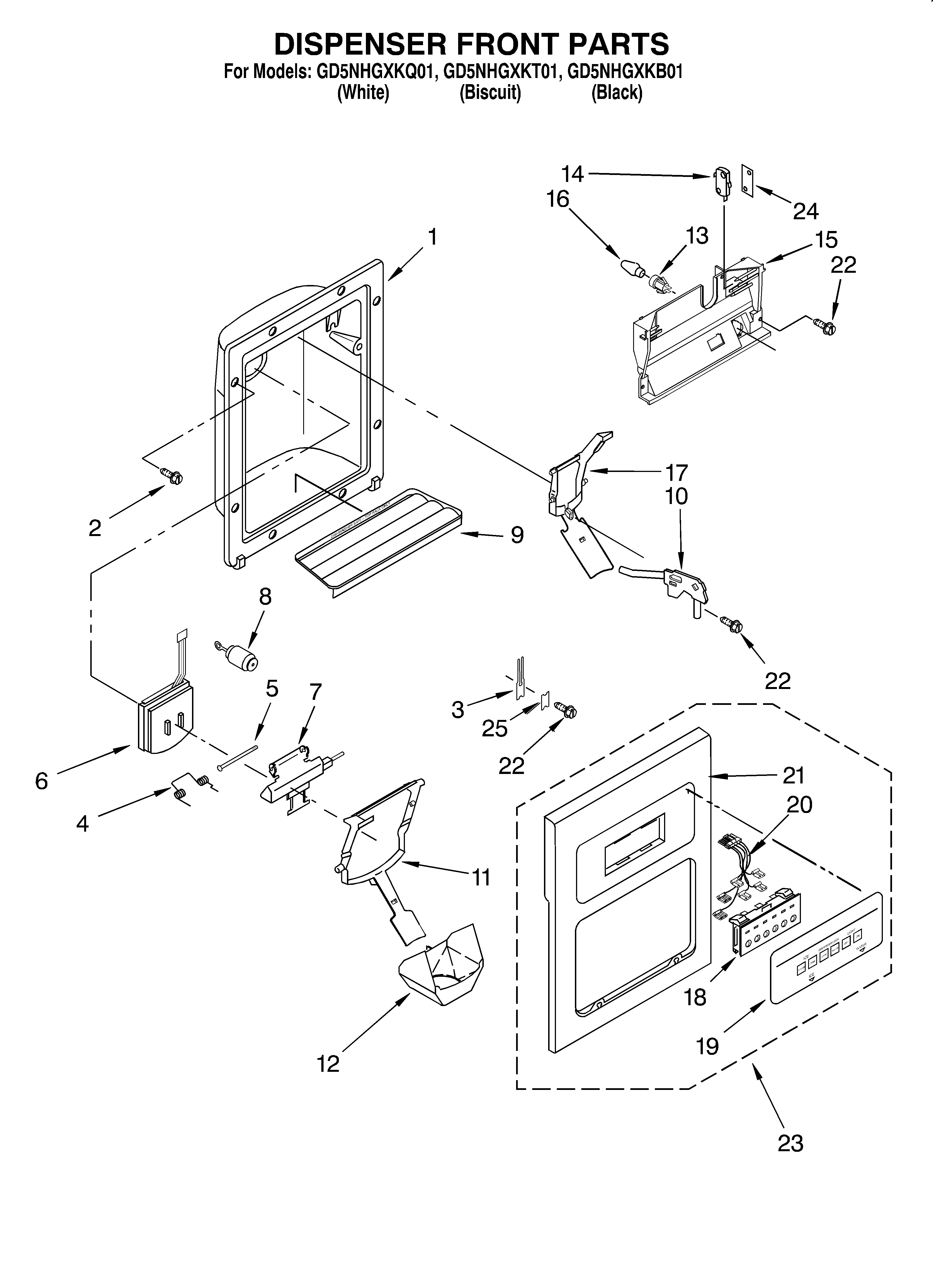 Whirlpool GD5NHGXKB01 dispenser front diagram