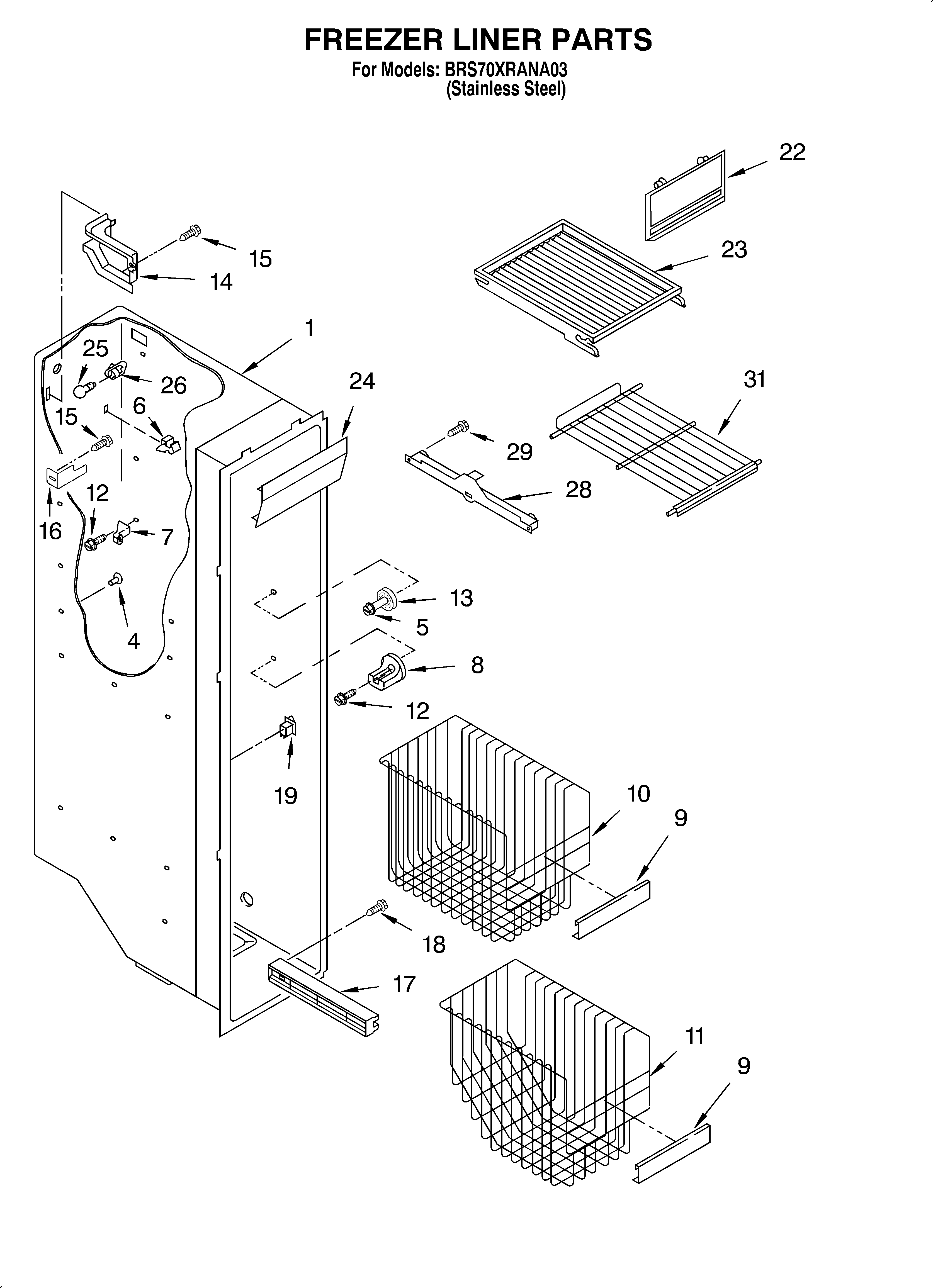 Whirlpool BRS70XRANA03 freezer liner diagram