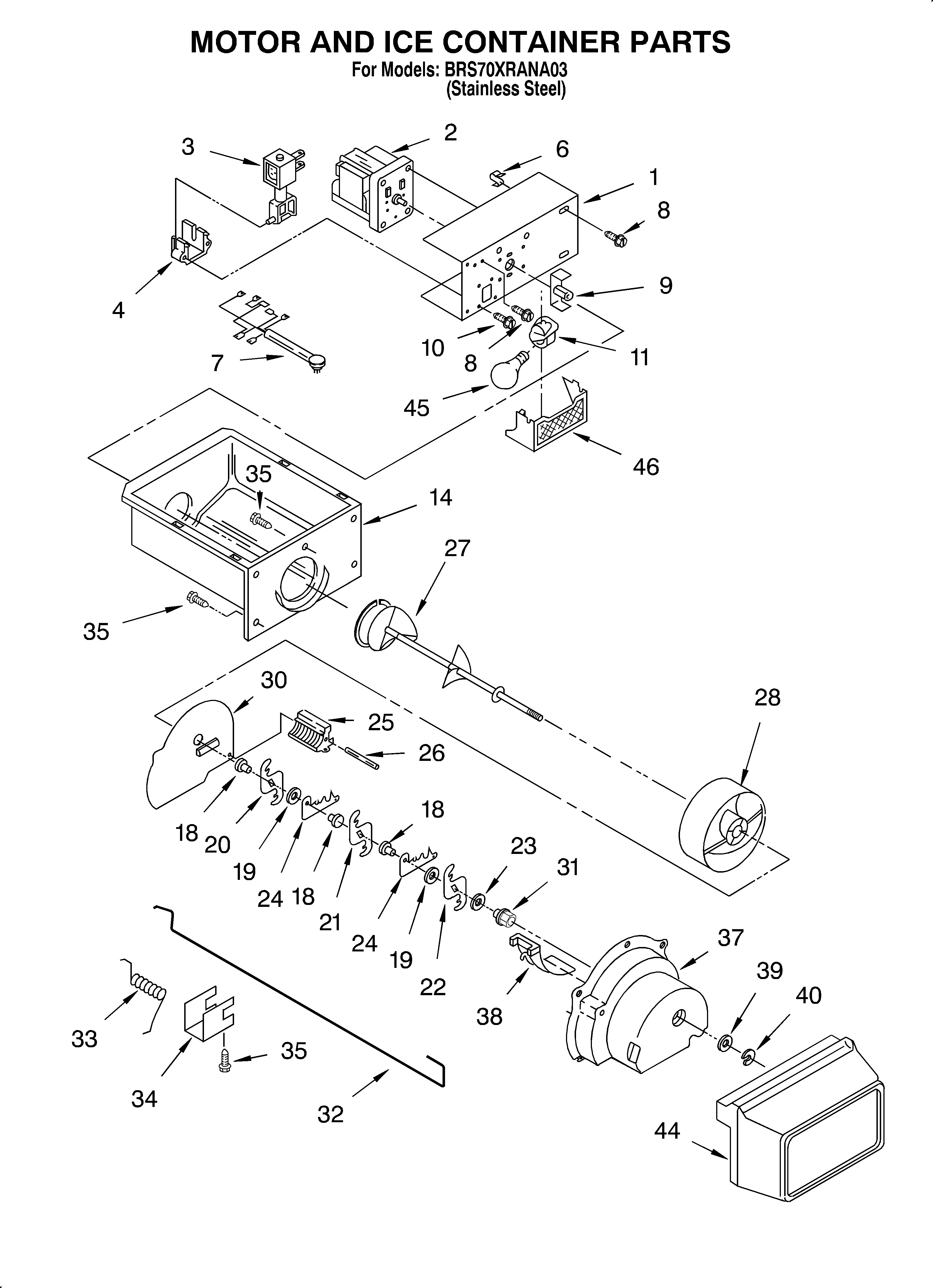 Whirlpool BRS70XRANA03 motor and ice container diagram