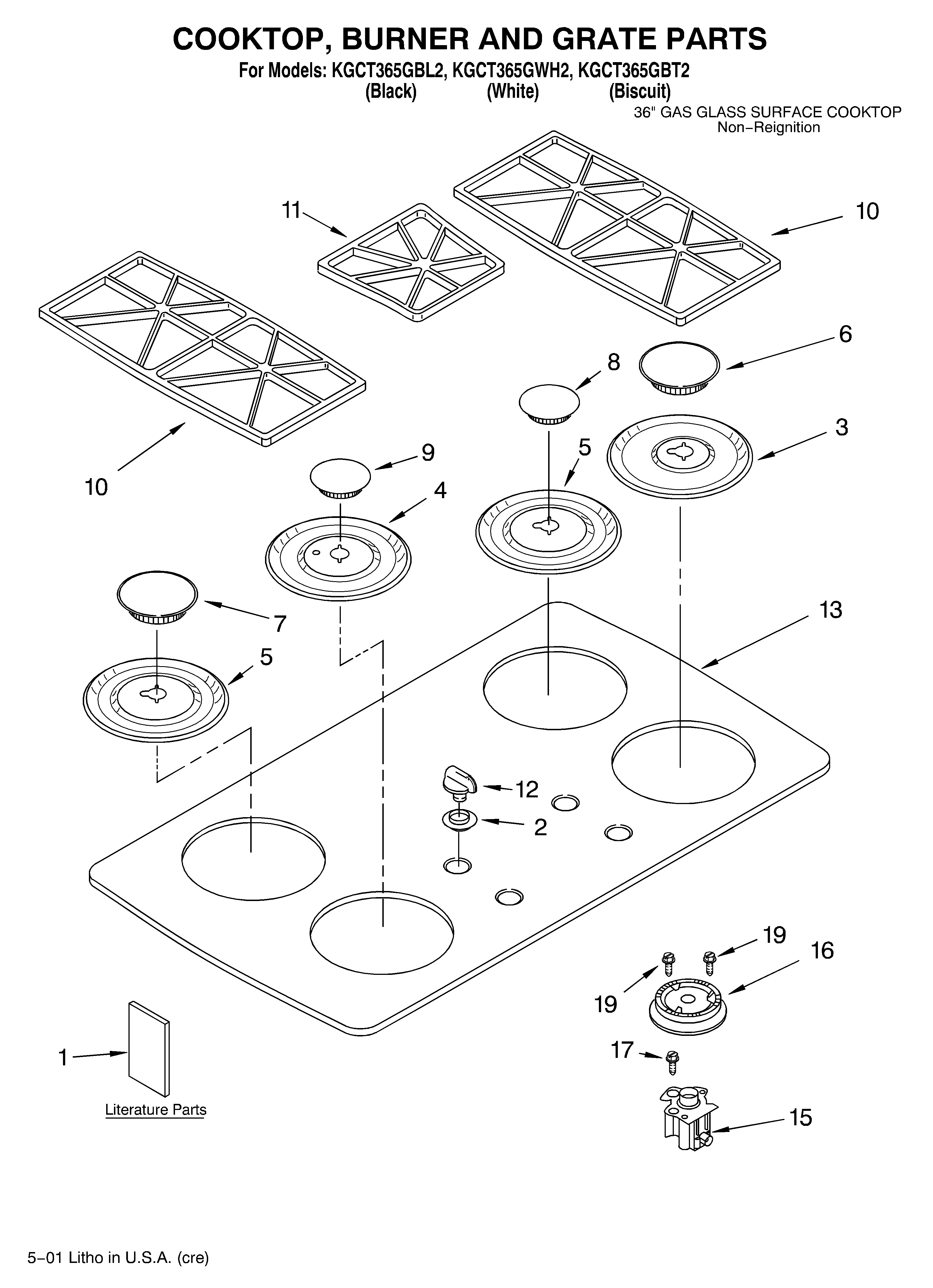 KitchenAid KGCT365GBL2 cooktop, burner, grate/literature diagram