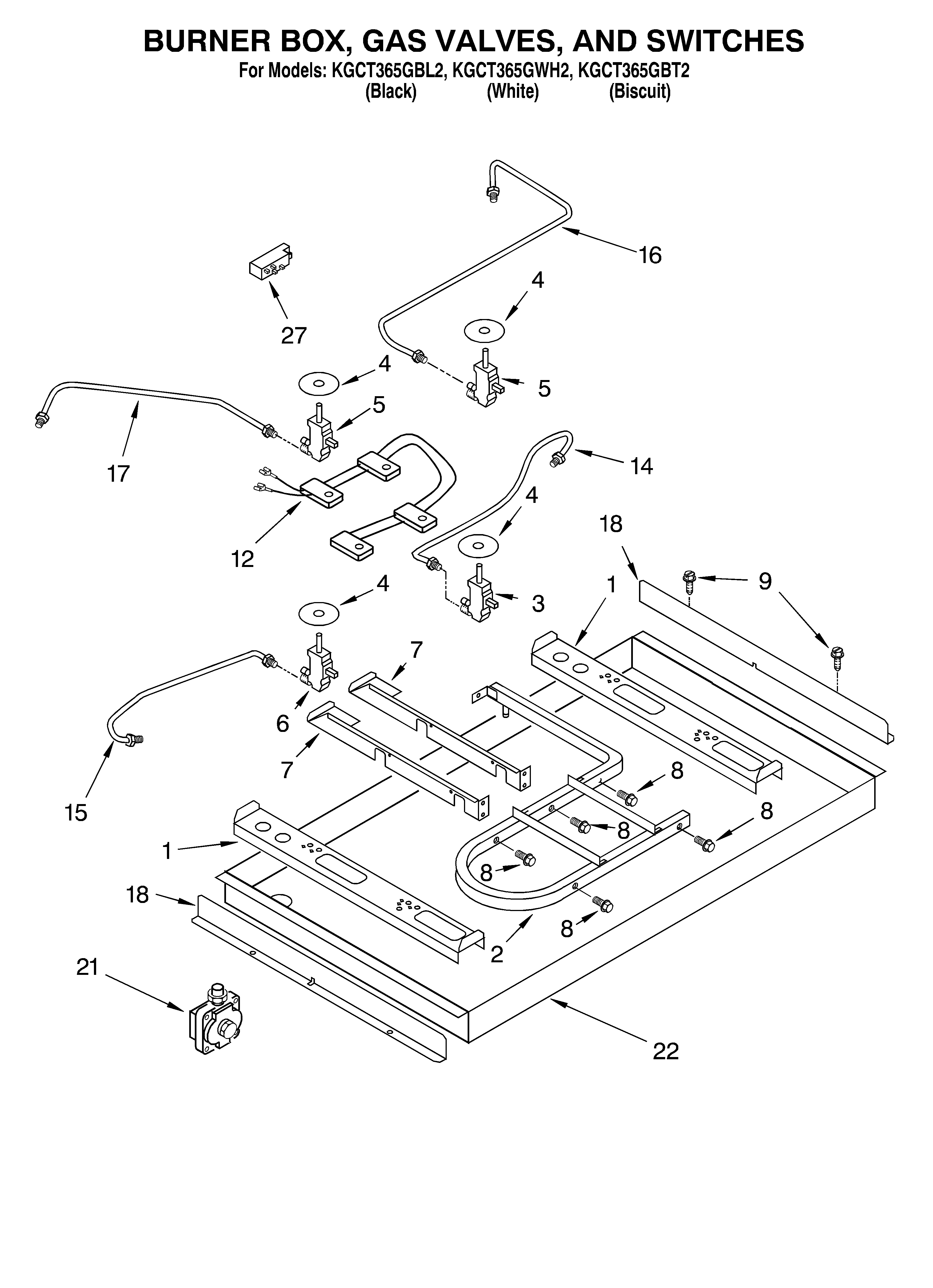 KitchenAid KGCT365GBL2 burner box, gas valves, switches diagram