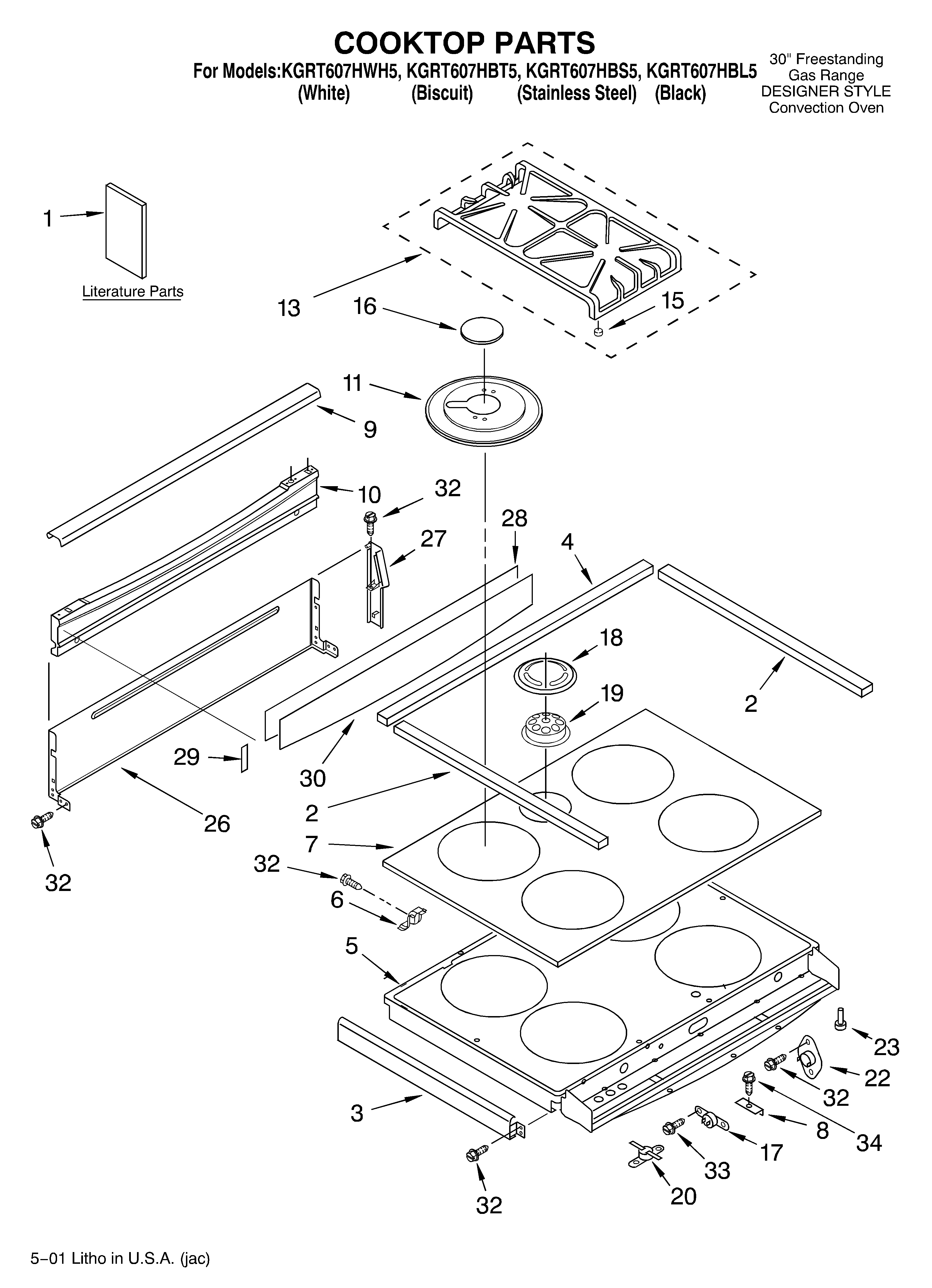 KitchenAid KGRT607HBL5 cooktop/literature diagram