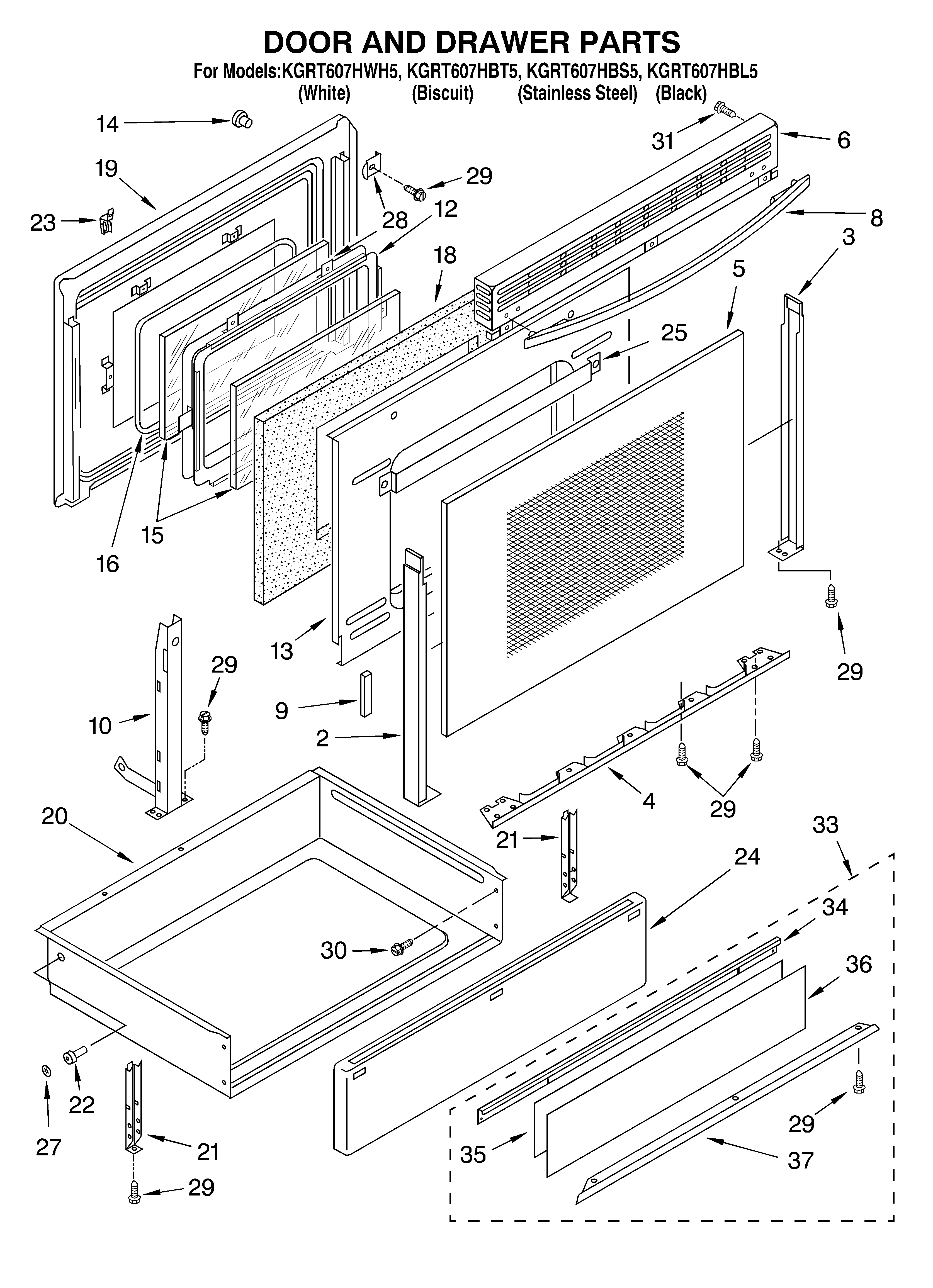 KitchenAid KGRT607HBL5 door and drawer diagram