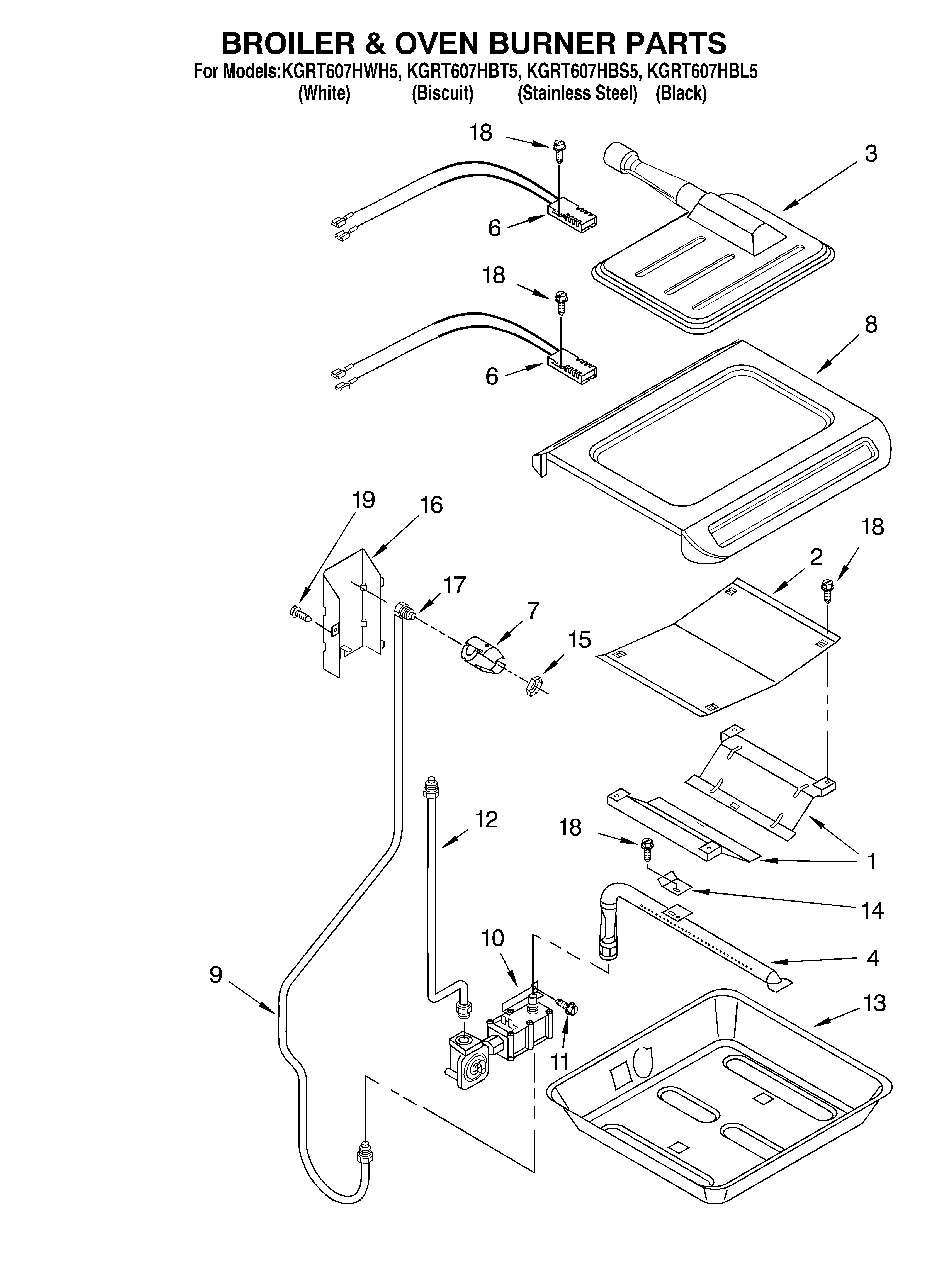 KitchenAid KGRT607HBL5 broiler and oven burner diagram