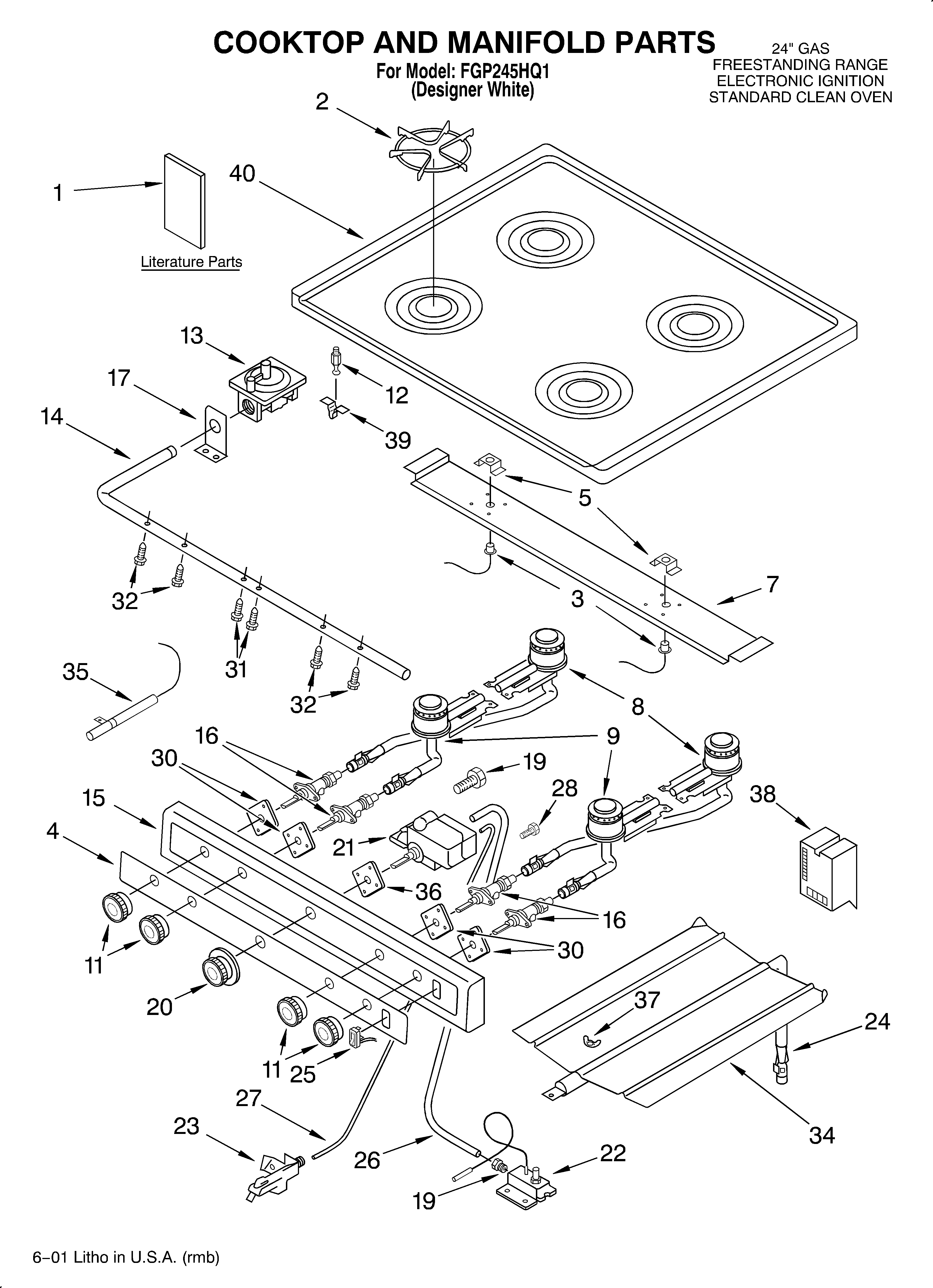 Roper FGP245HQ1 cooktop and manifold/literature diagram