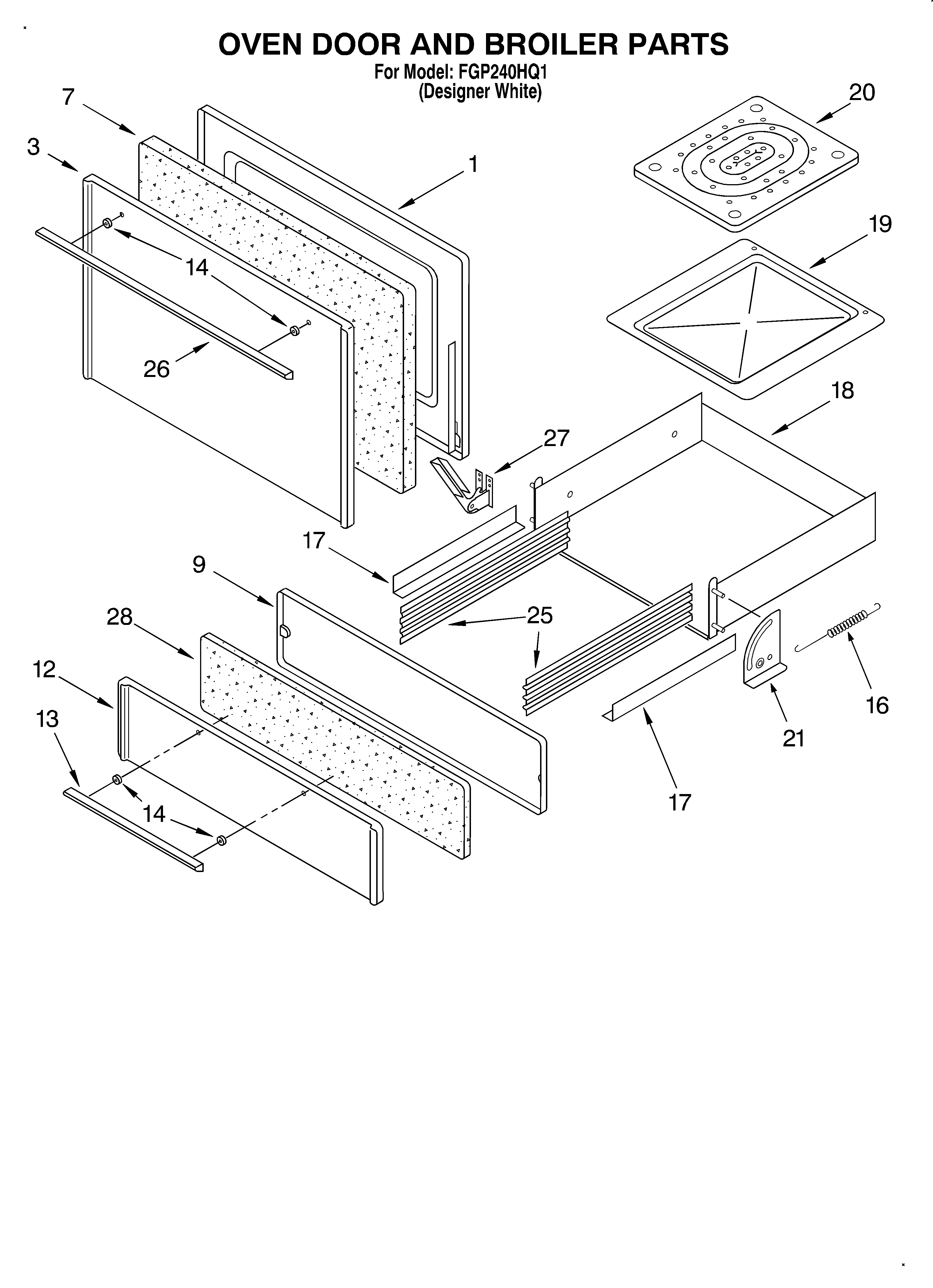 Roper FGP240HQ1 oven door and broiler diagram