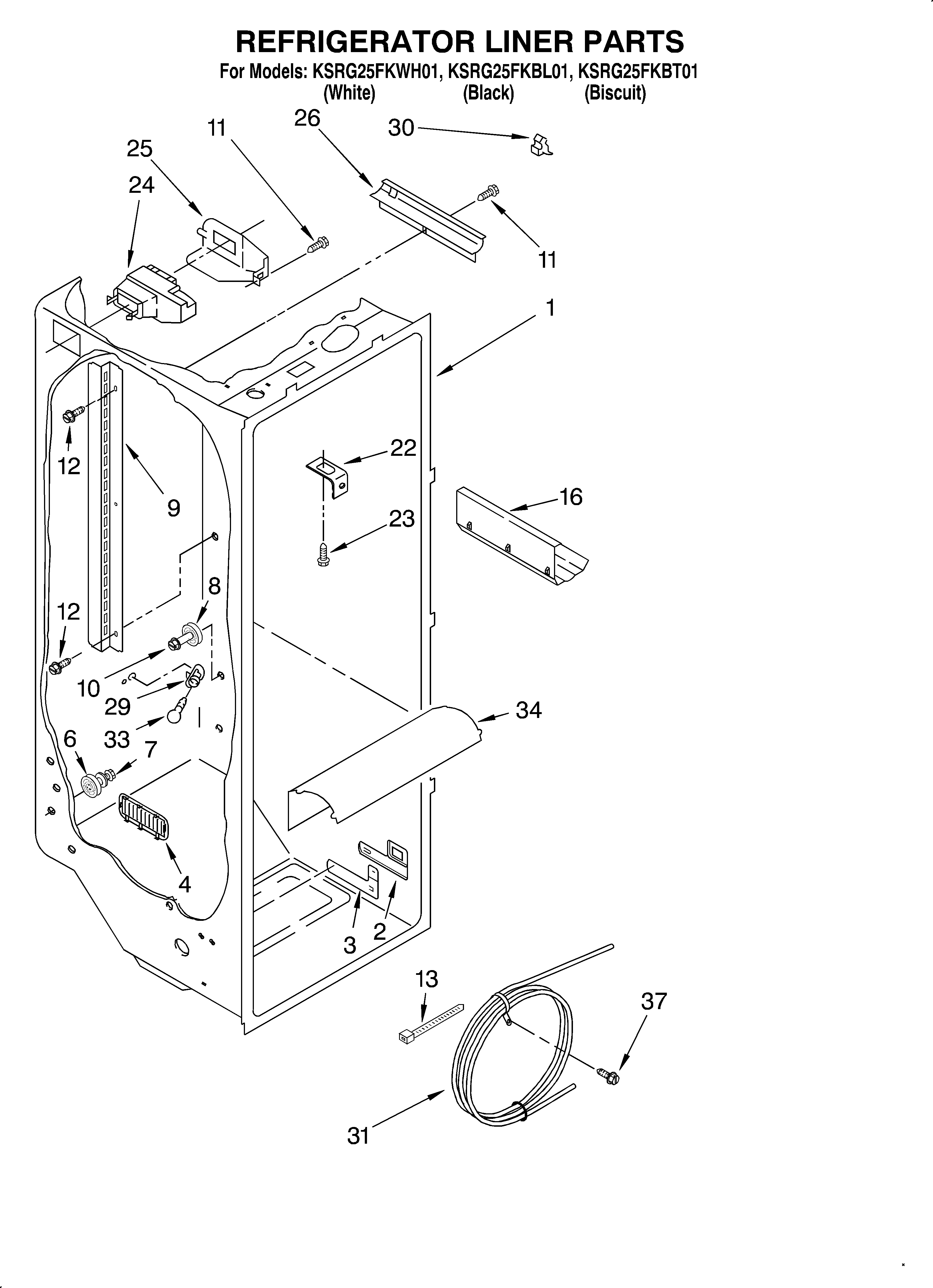 KitchenAid KSRG25FKBT01 refrigerator liner diagram