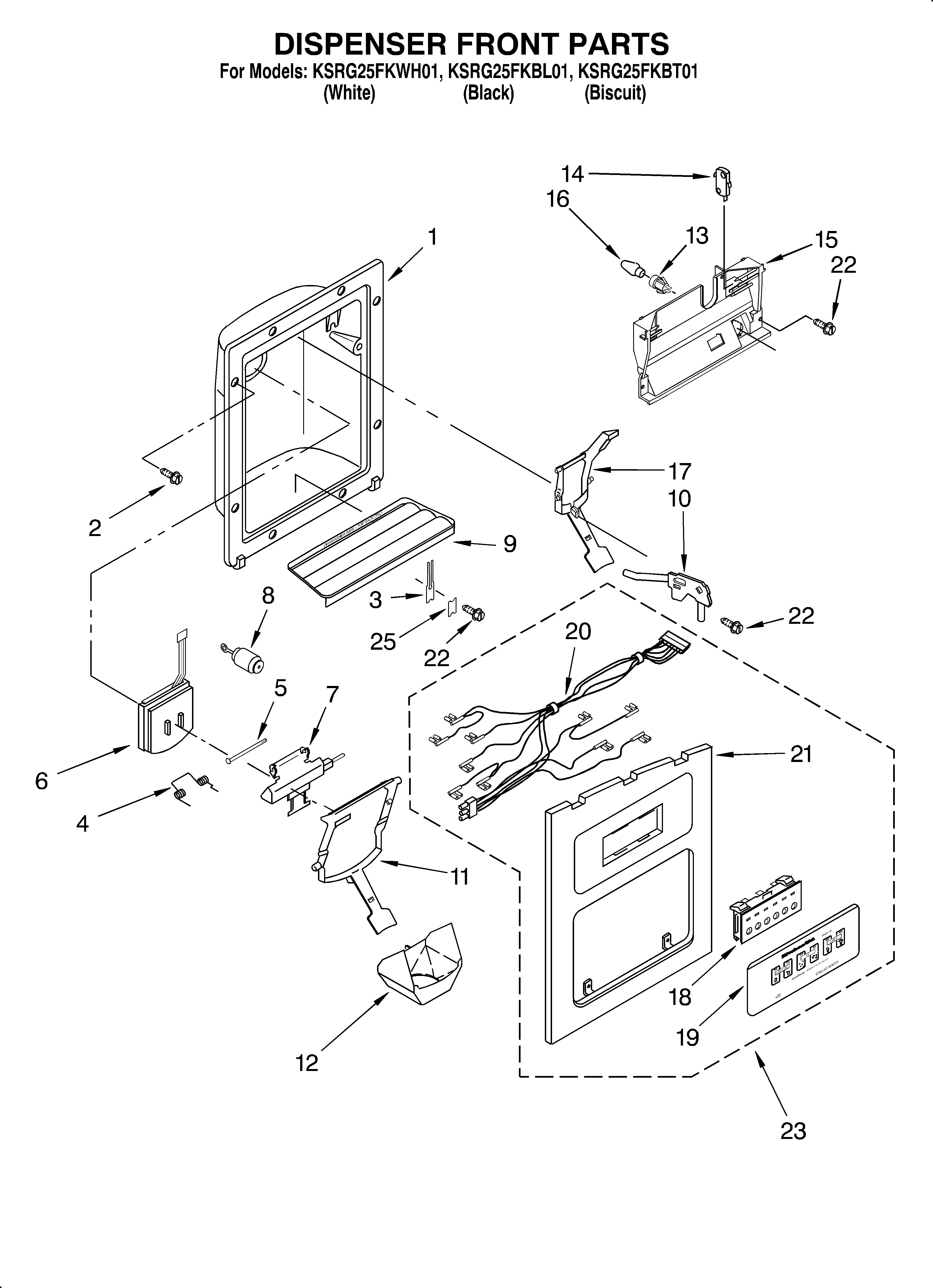 KitchenAid KSRG25FKBT01 dispenser front diagram
