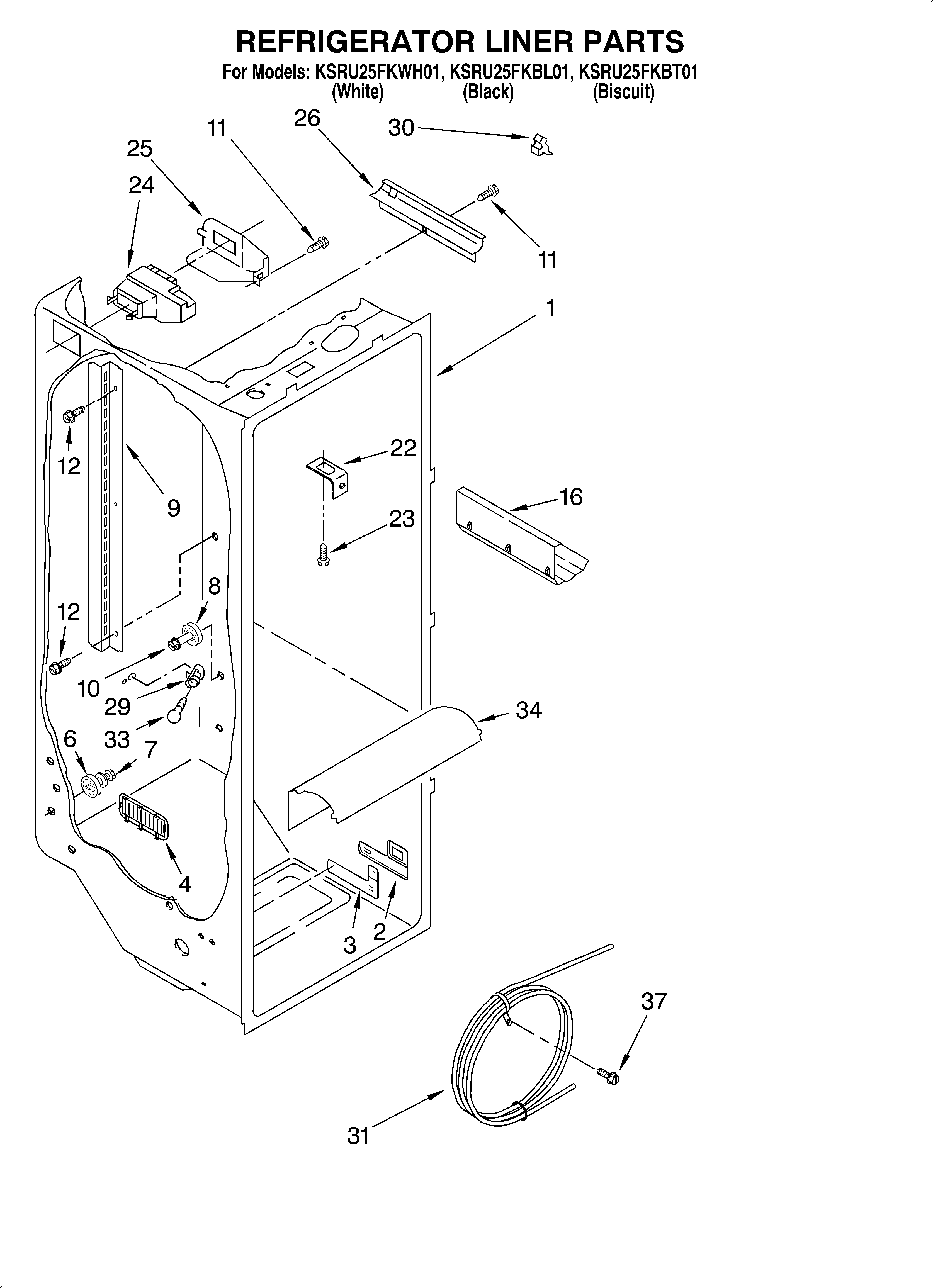 KitchenAid KSRU25FKWH01 refrigerator liner diagram
