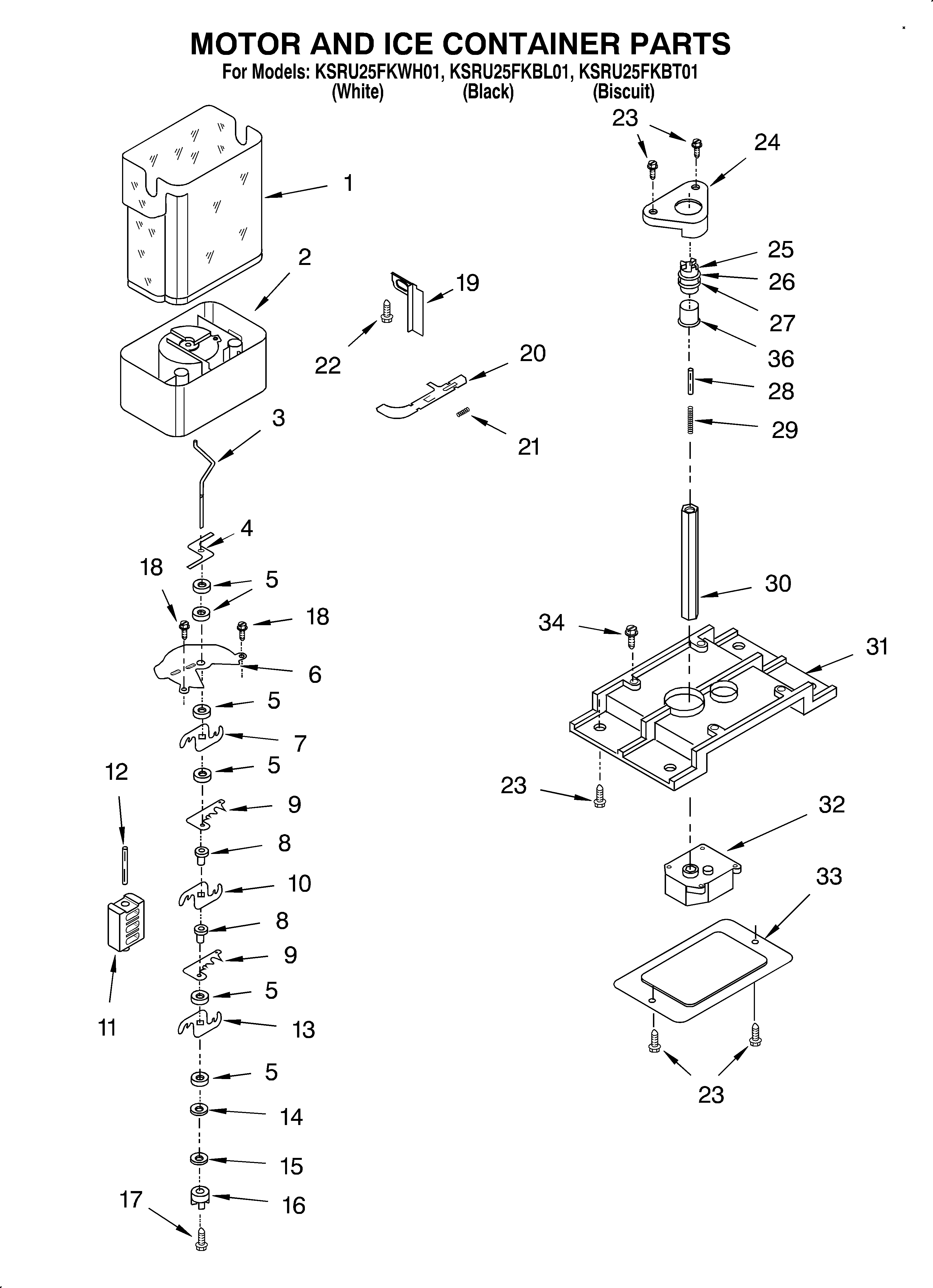 KitchenAid KSRU25FKWH01 motor and ice container diagram