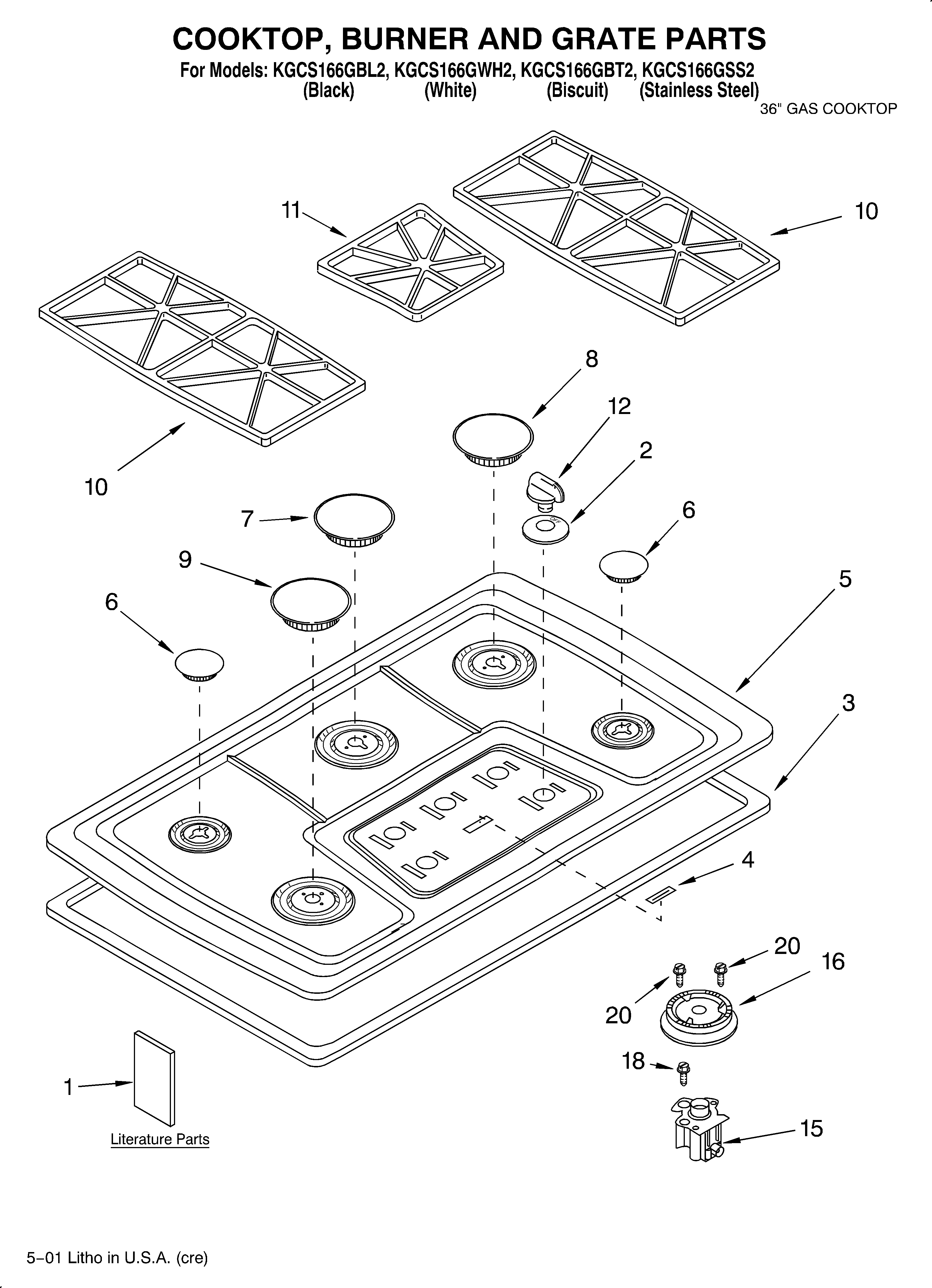 KitchenAid KGCS166GWH2 cooktop, burner, grate/literature diagram