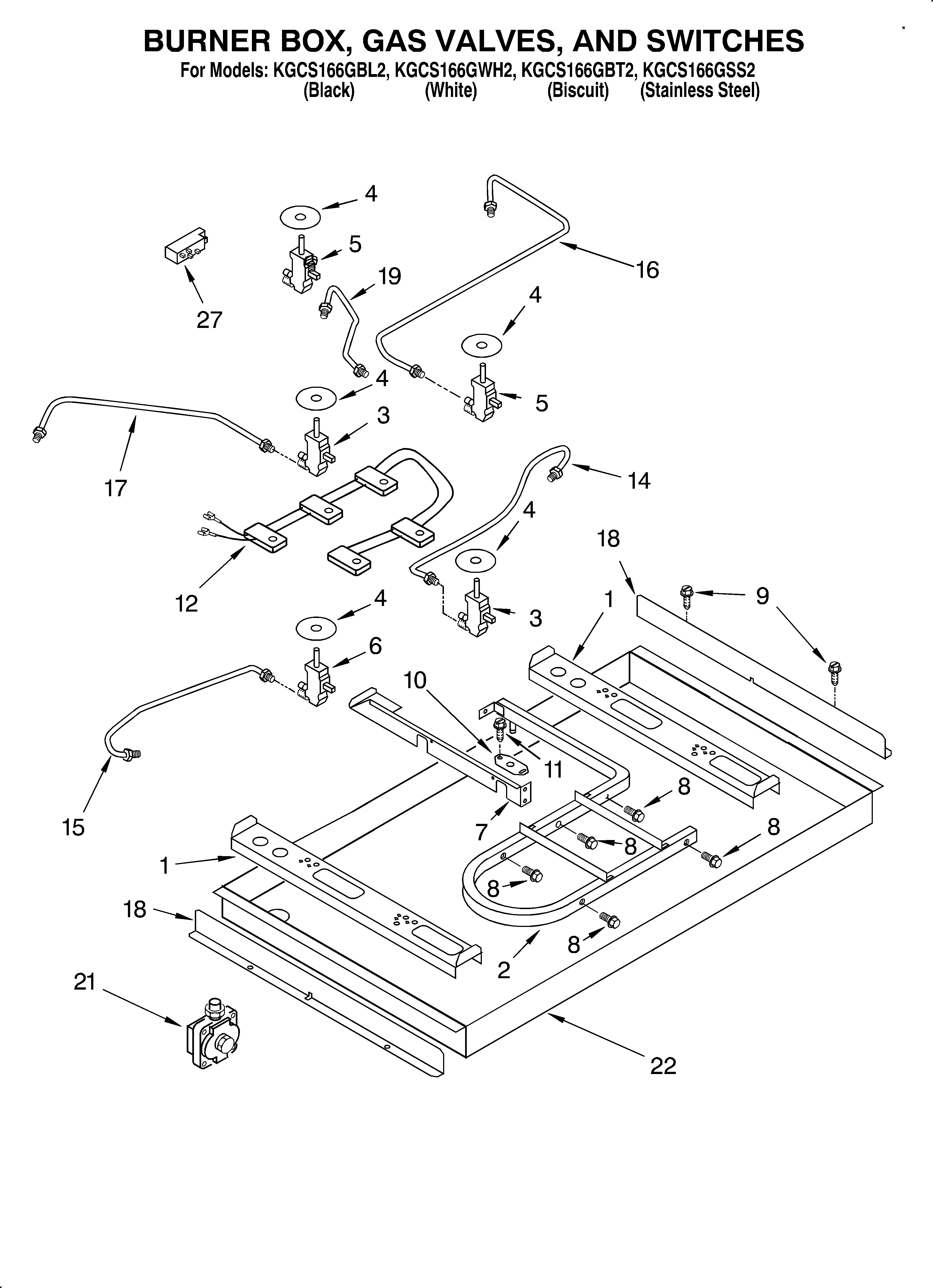 KitchenAid KGCS166GWH2 burner box, gas valves, switches diagram