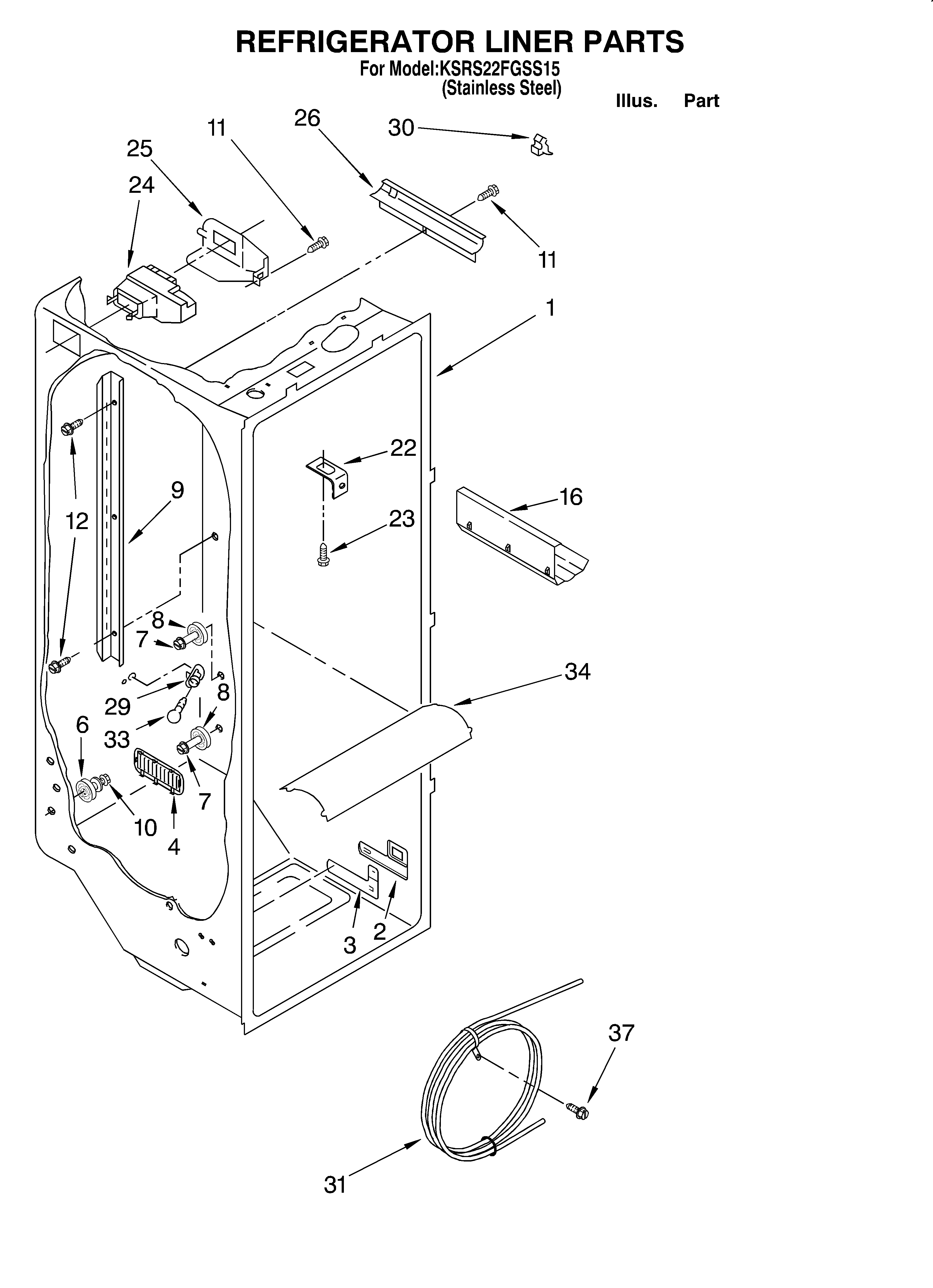 KitchenAid KSRS22FGSS15 refrigerator liner diagram