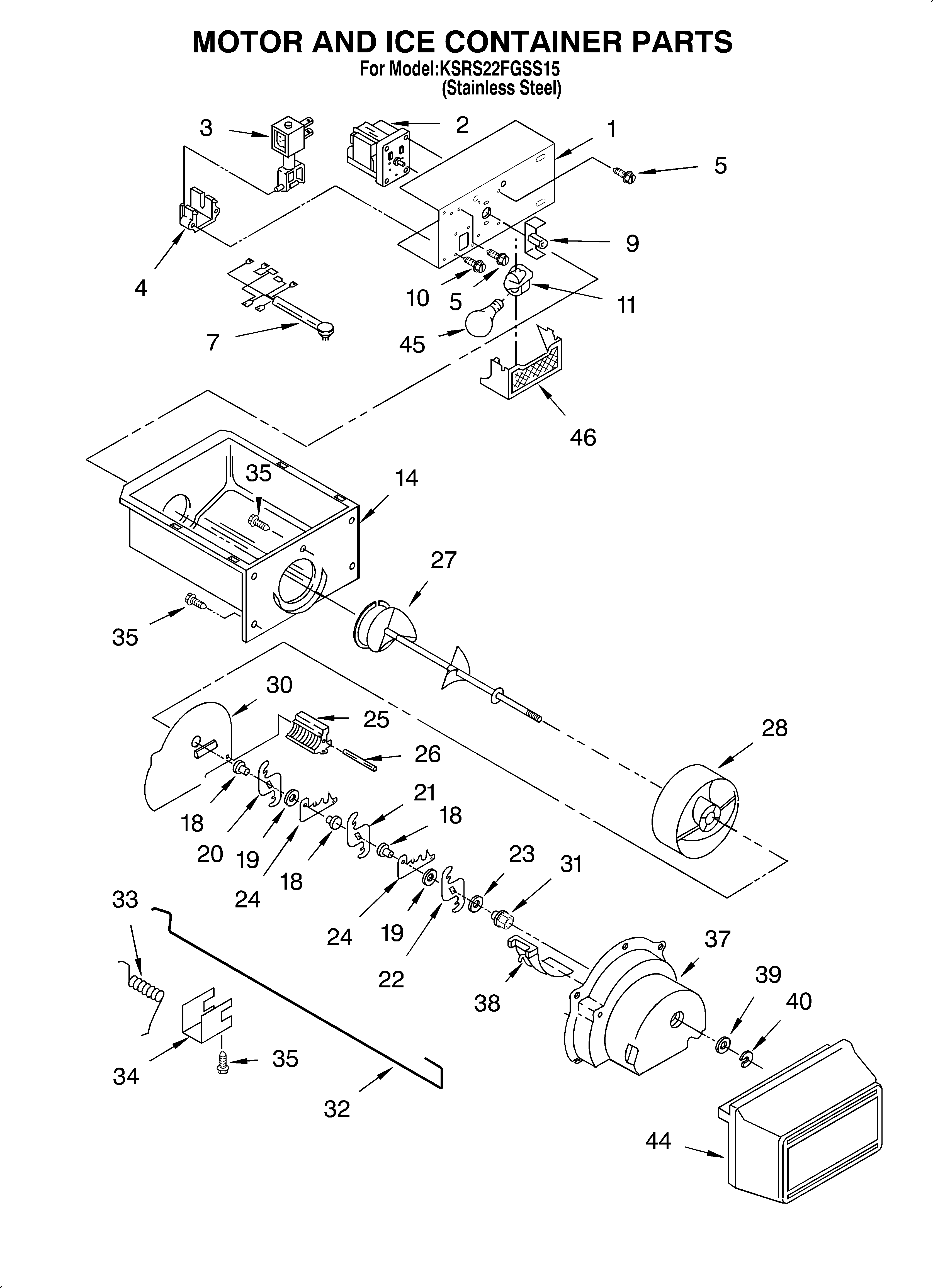 KitchenAid KSRS22FGSS15 motor and ice container diagram