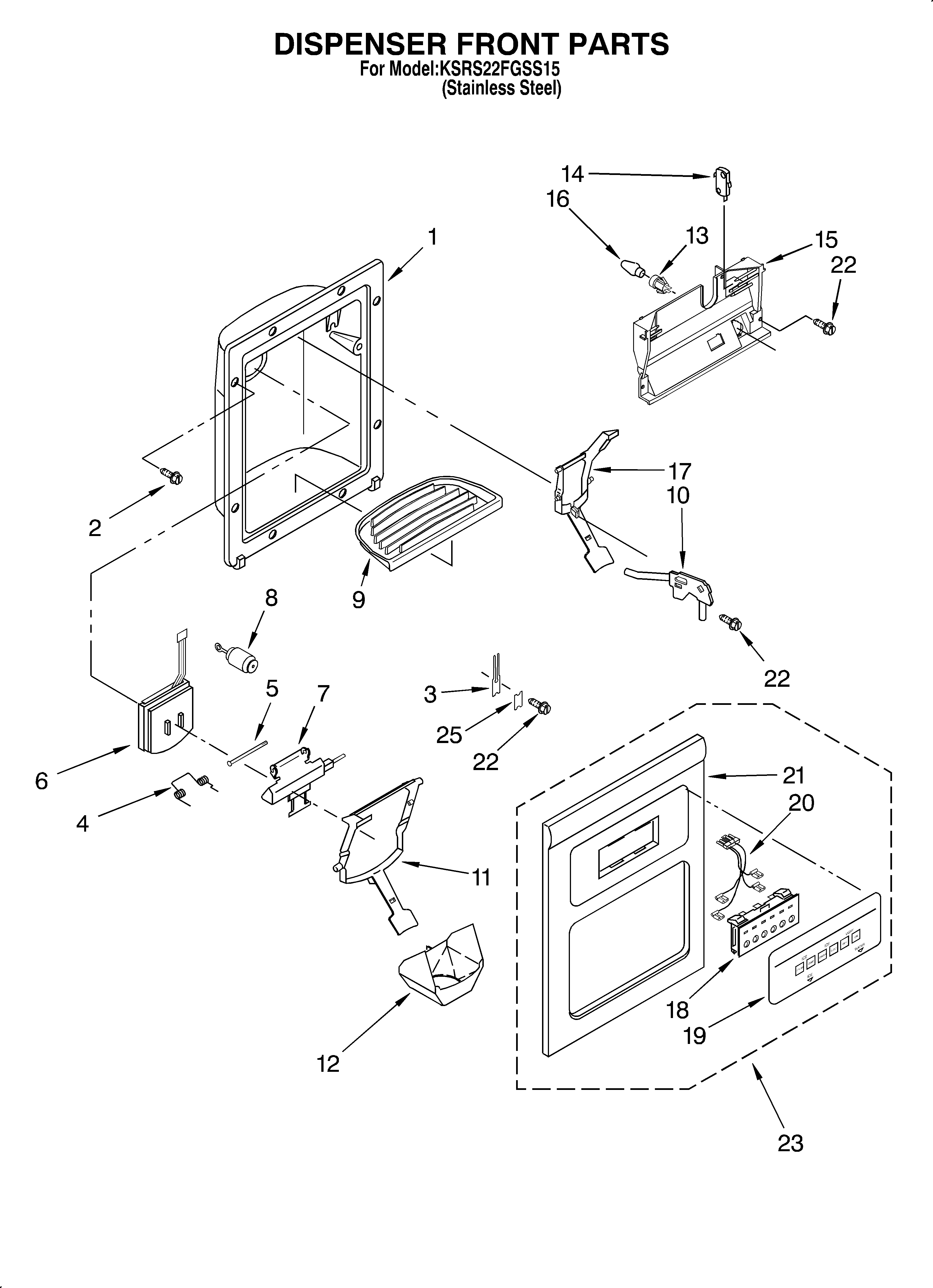 KitchenAid KSRS22FGSS15 dispenser front diagram
