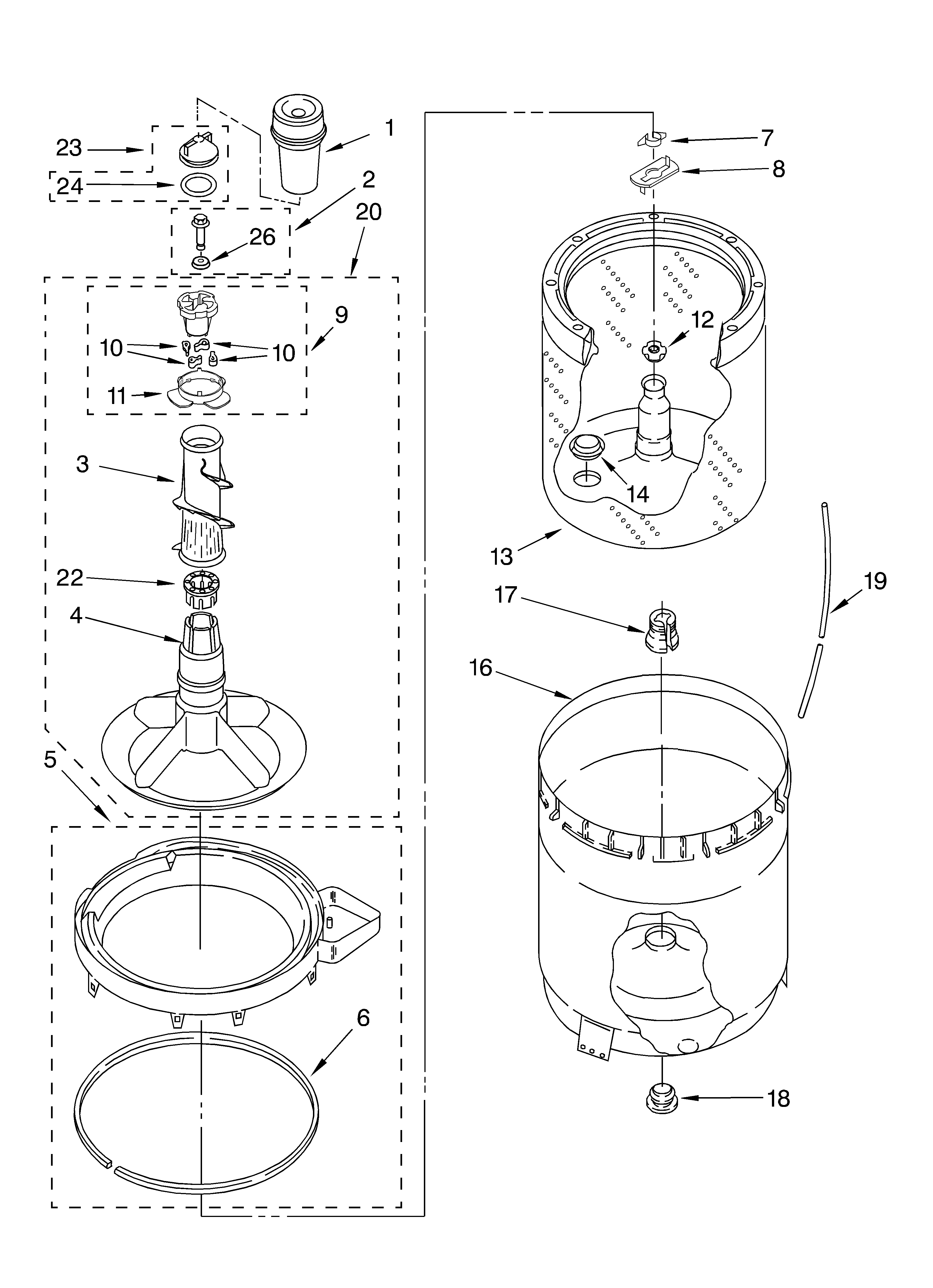 Whirlpool LSQ9200KT0 agitator, basket and tub diagram