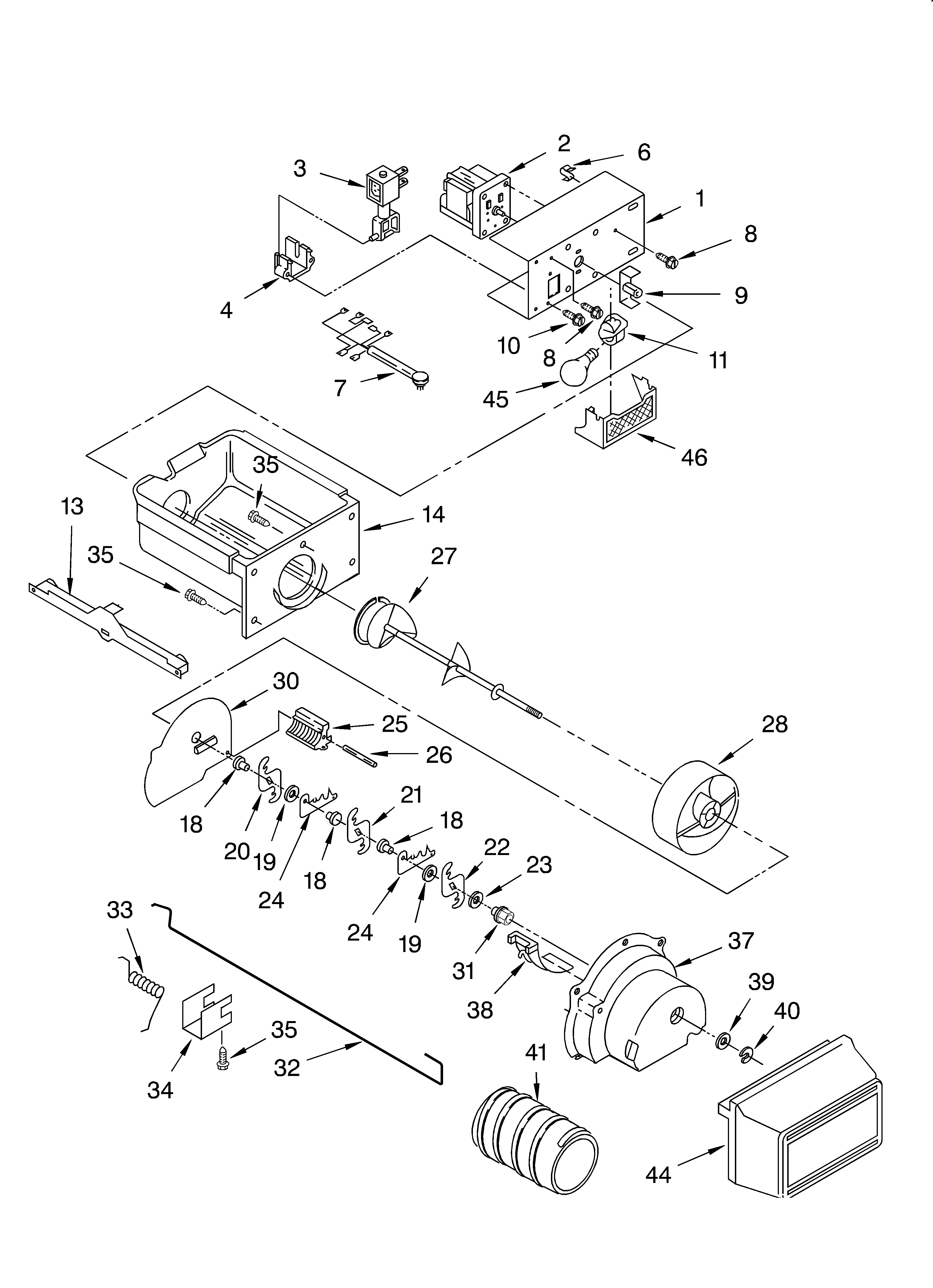 Whirlpool ED20TQXFN05 motor and ice container diagram
