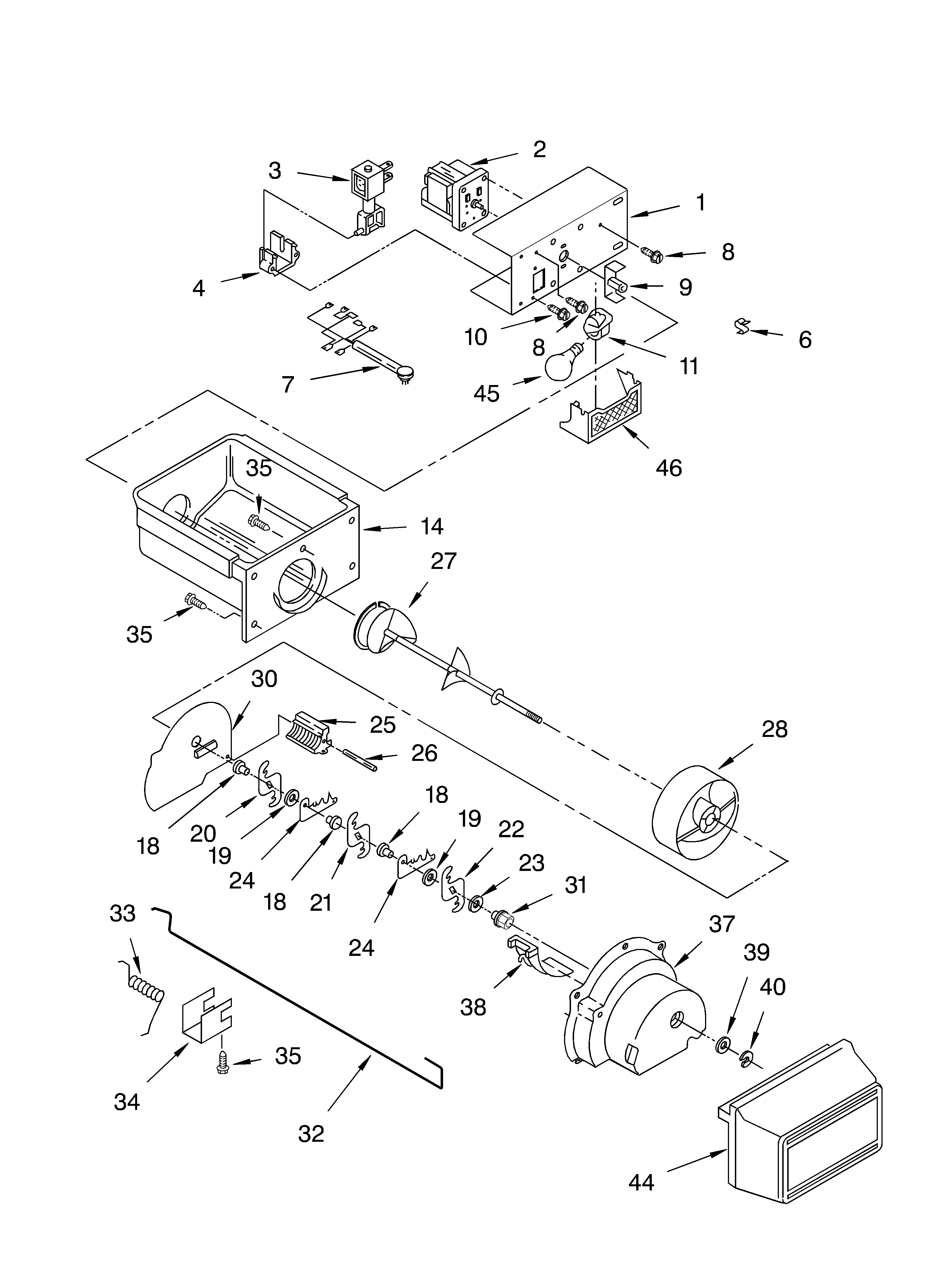Whirlpool ED22LFXHW03 motor and ice container diagram