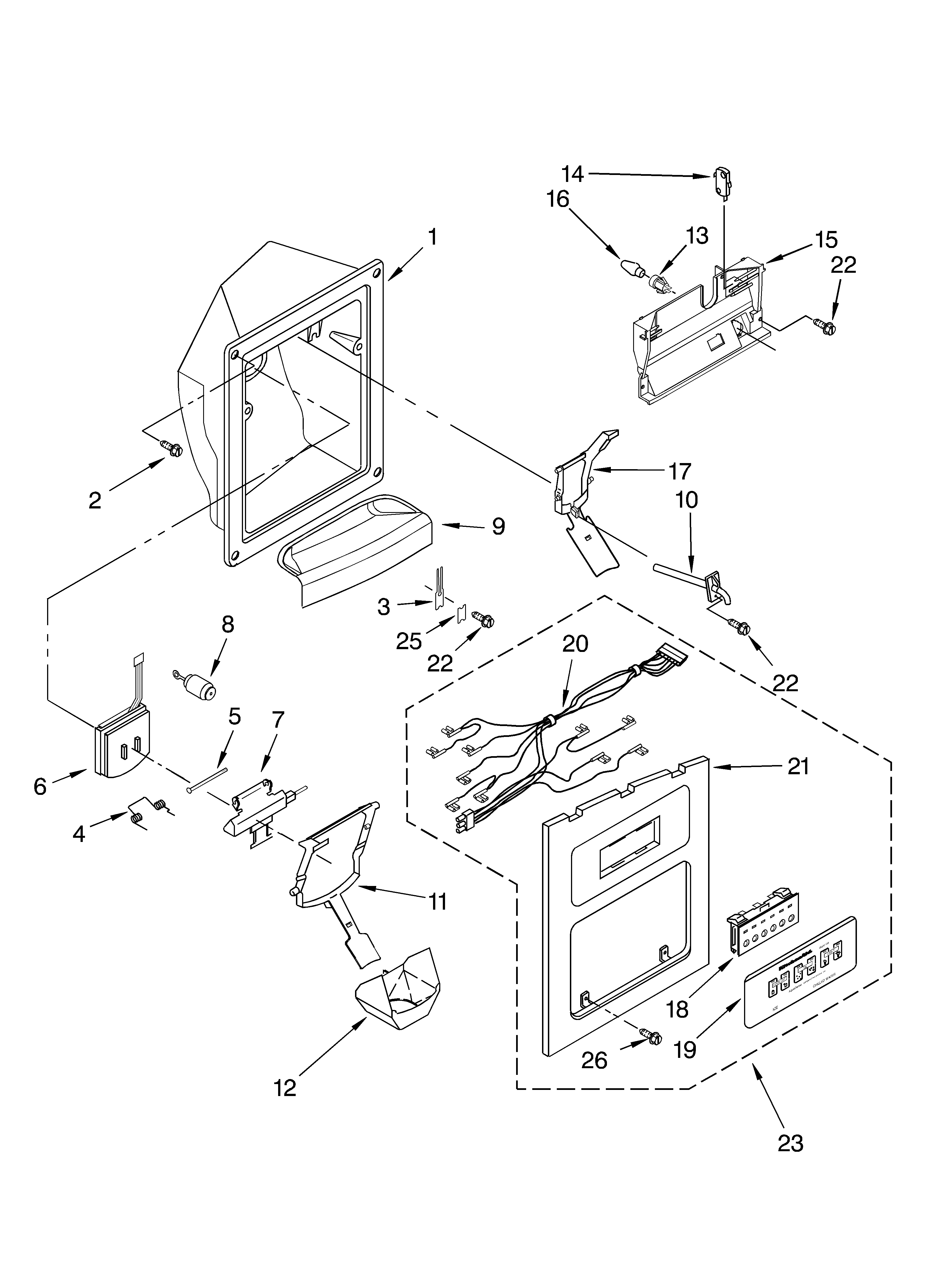 KitchenAid KSRS25IKBU00 dispenser front diagram