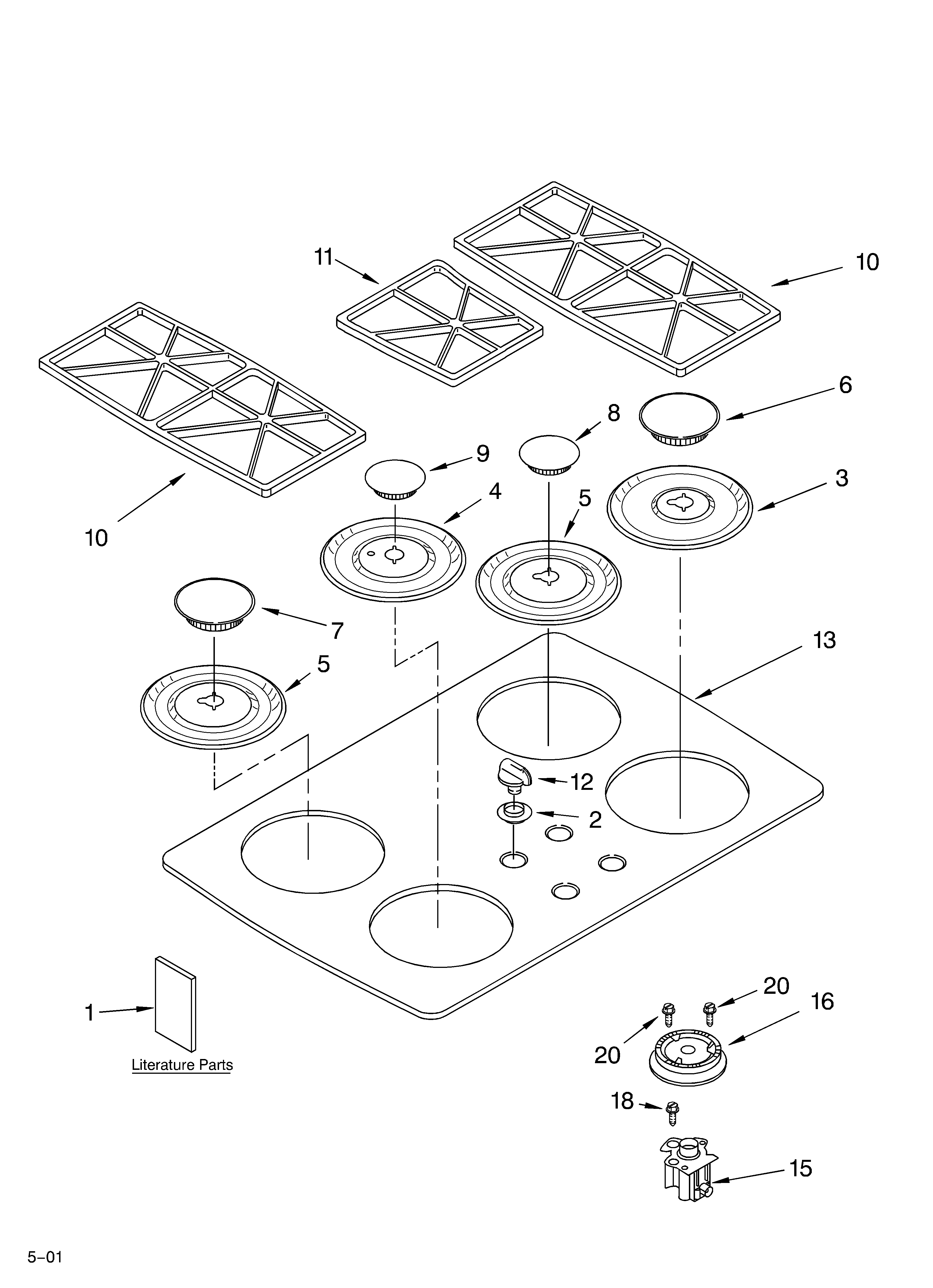 KitchenAid KGCT305GBT2 cooktop, burner and grate parts/literature diagram