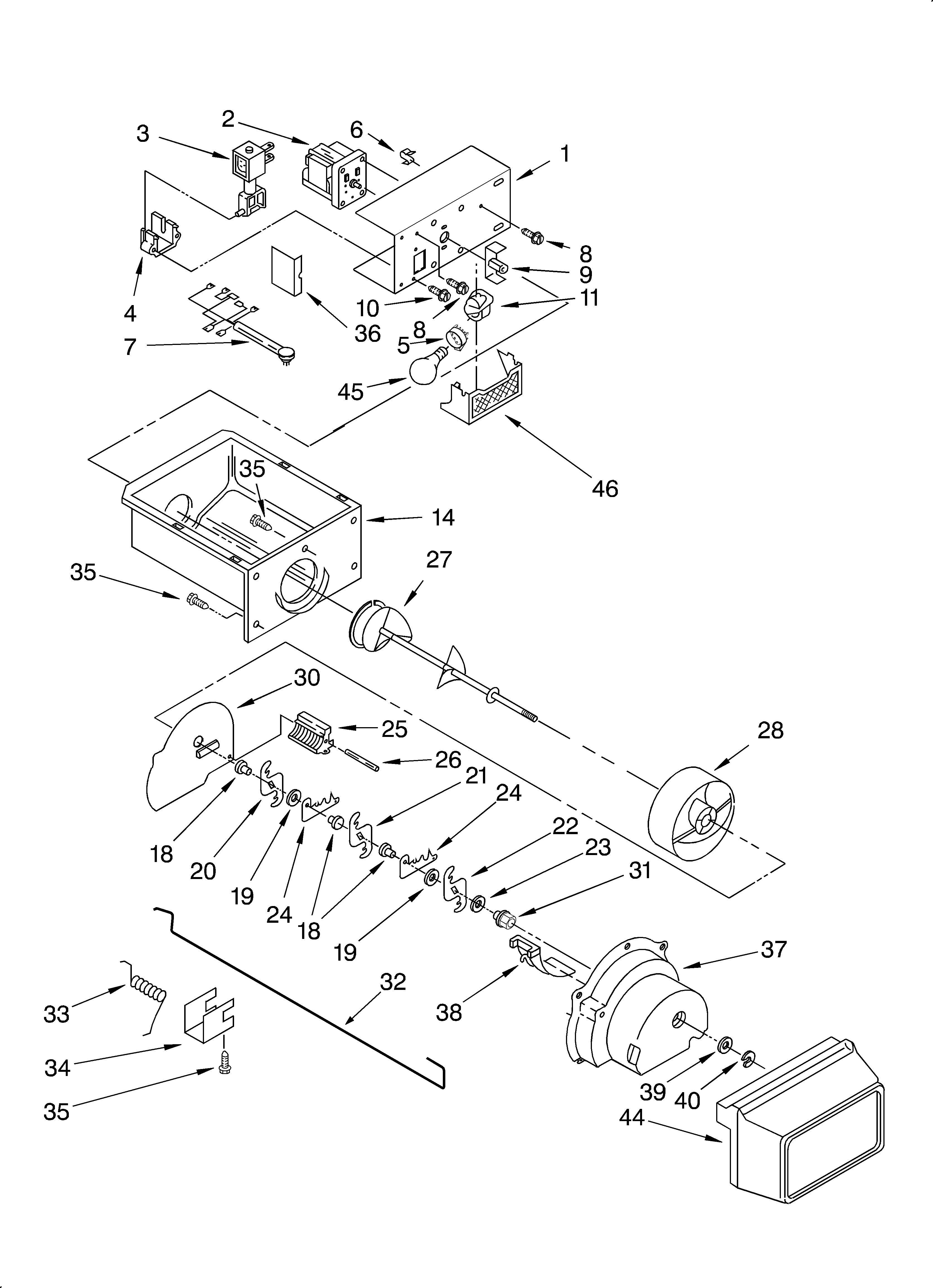 Whirlpool 4YED27PQFN03 motor and ice container diagram
