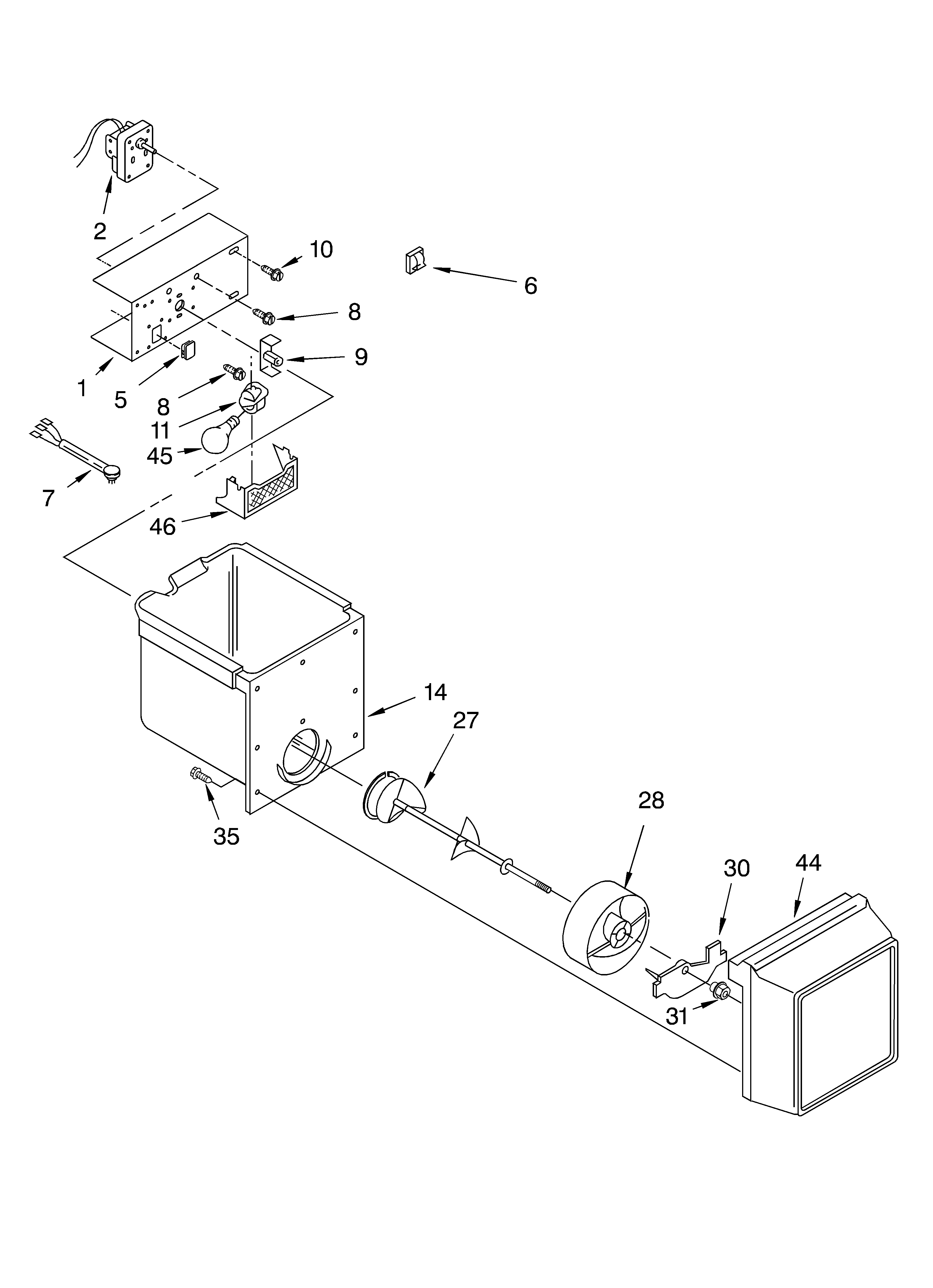 Whirlpool ED25GWXFW01 motor and ice container diagram