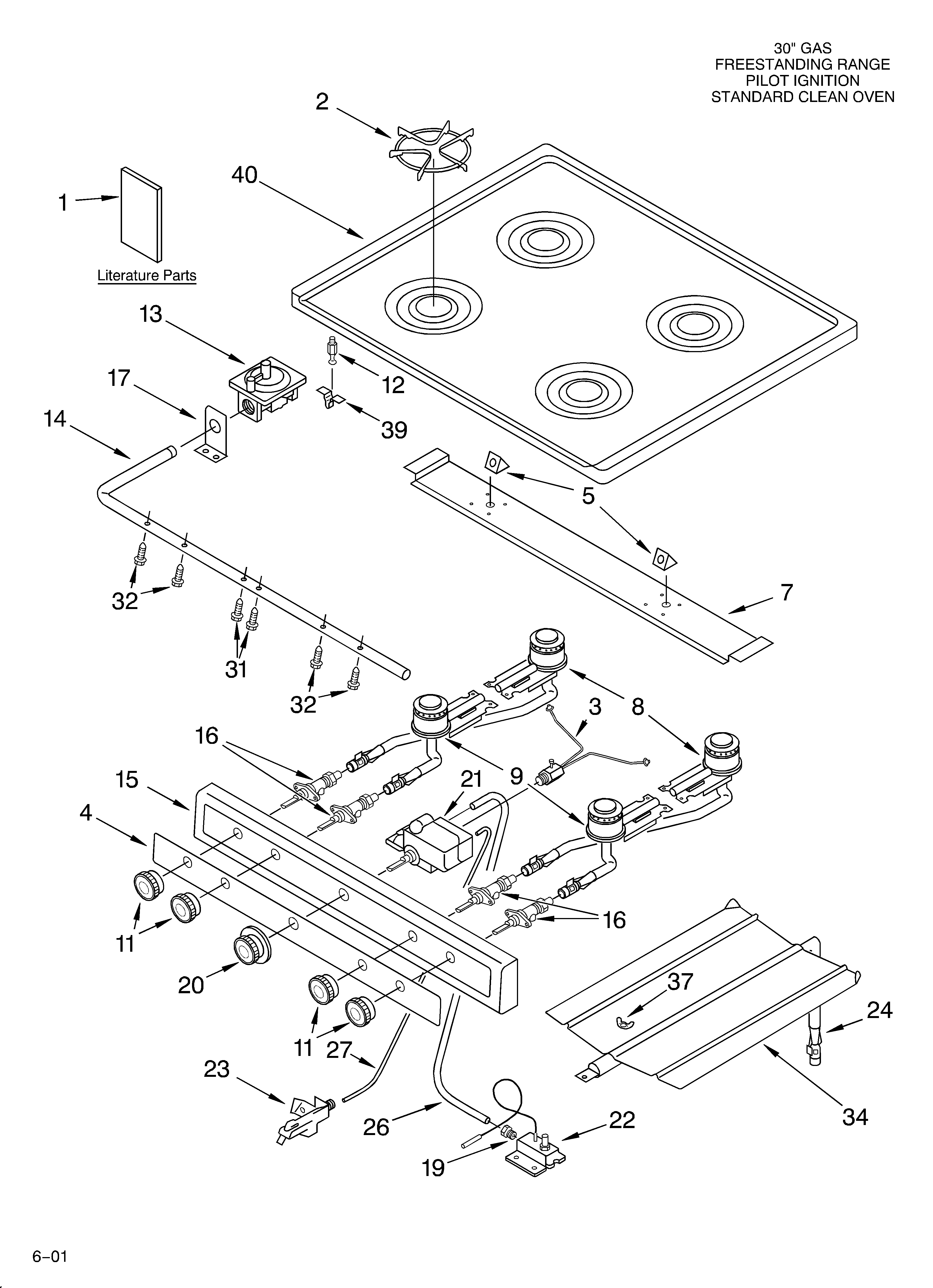 Roper FGP300HW0 cooktop and manifold/literature diagram