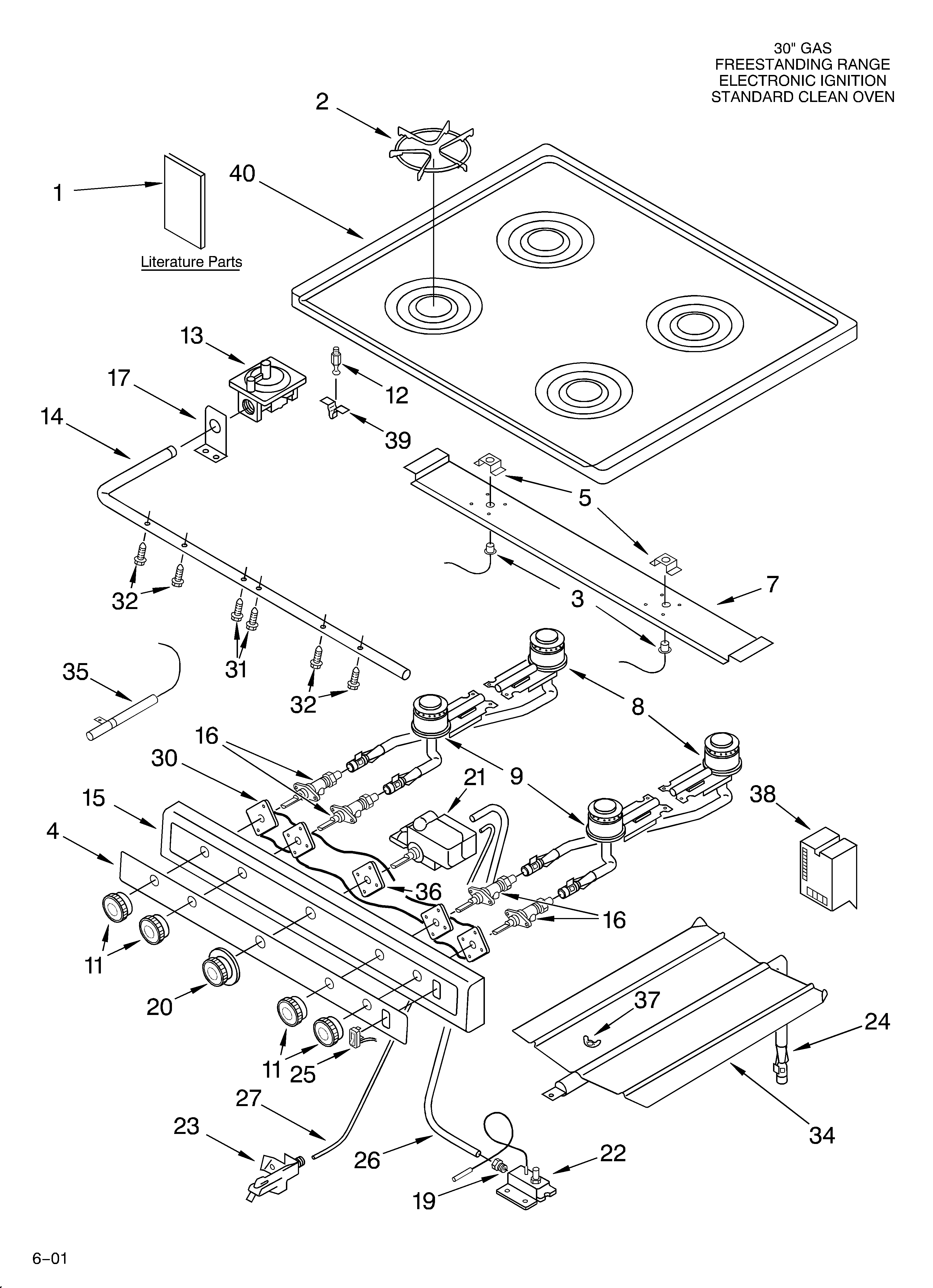 Roper FGP305HN0 cooktop and manifold/literature diagram