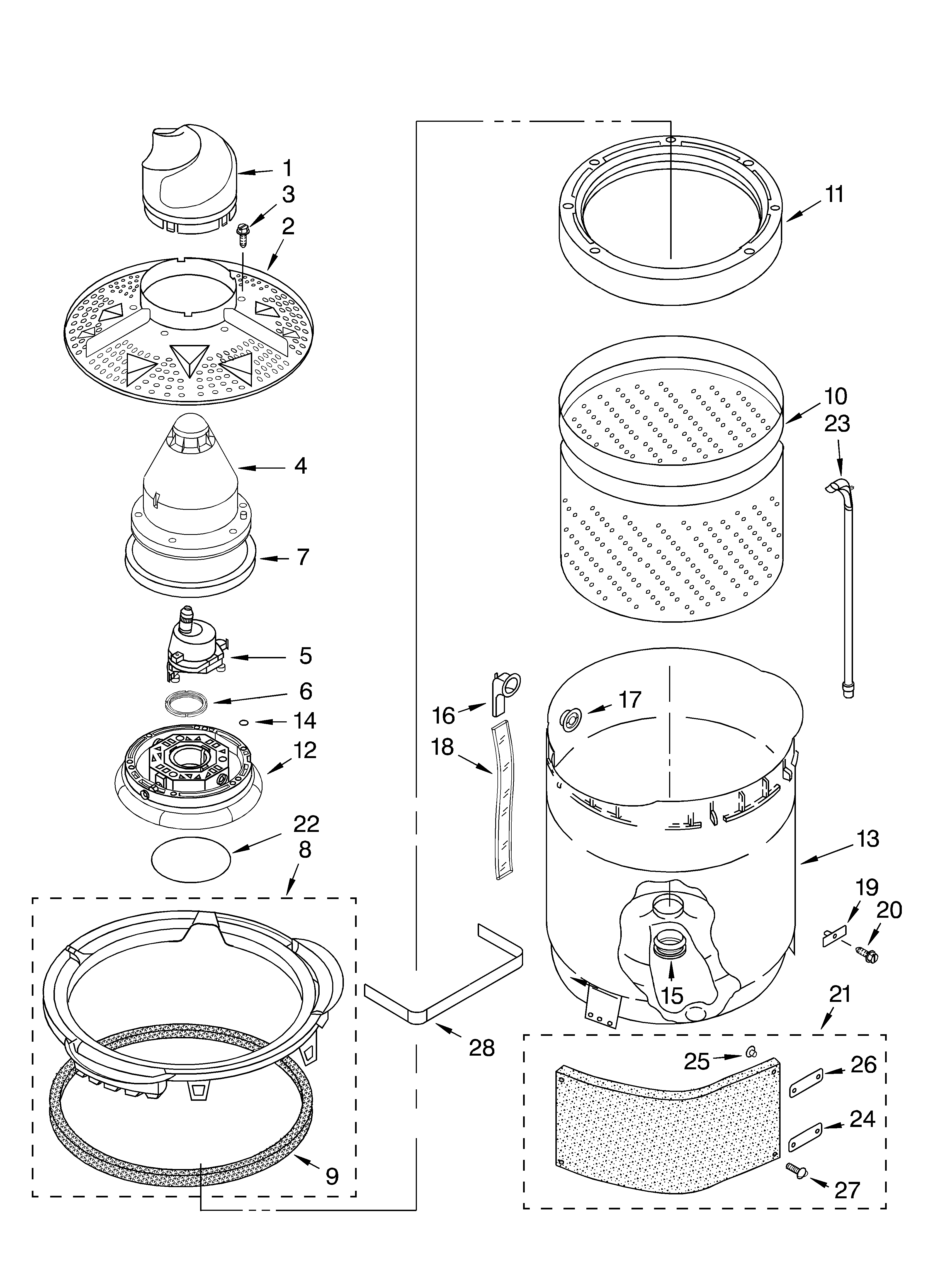 Whirlpool GVW9959KT0 washplate, basket and tub diagram