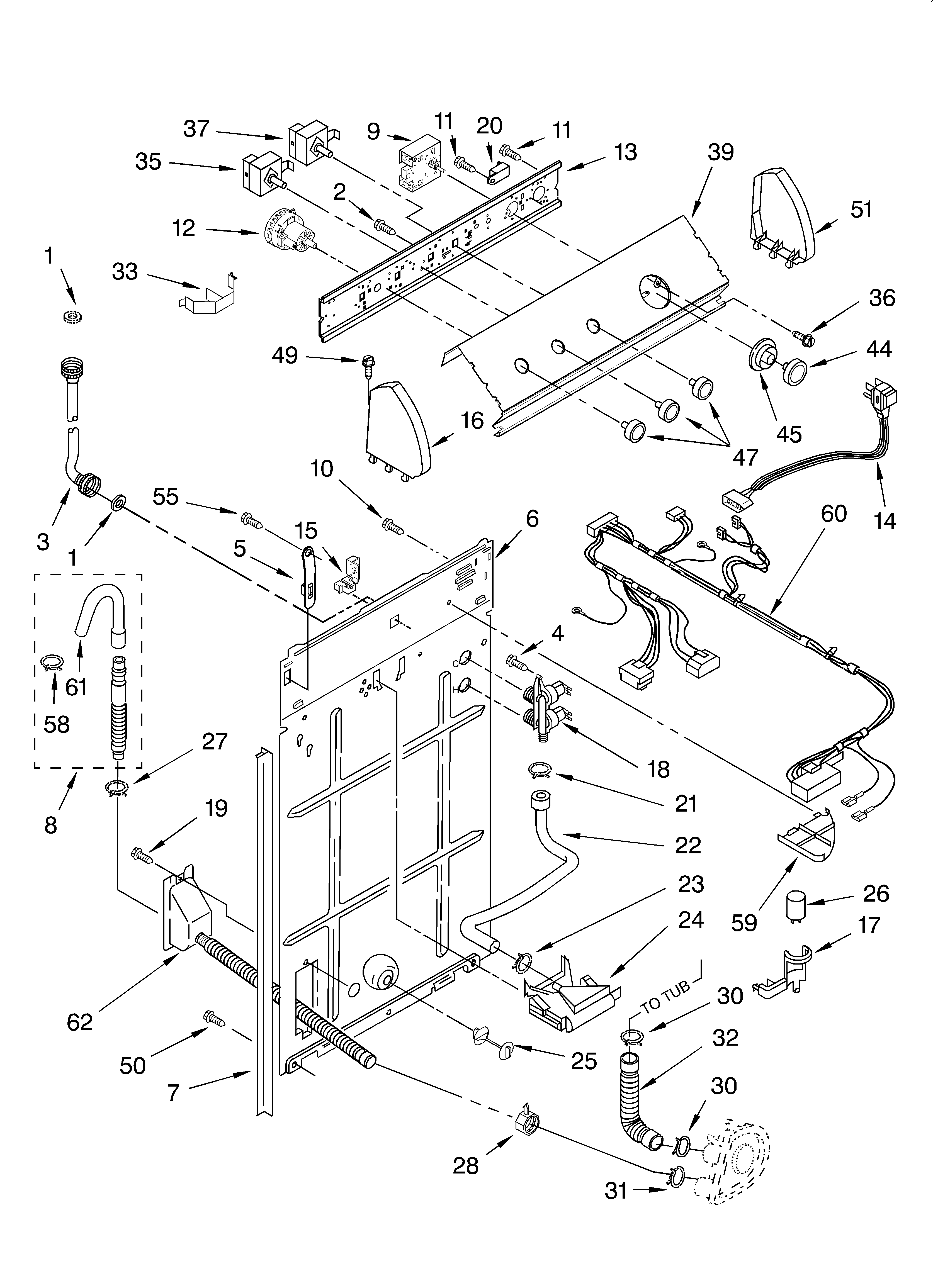 Whirlpool LSQ9010KT0 controls and rear panel diagram