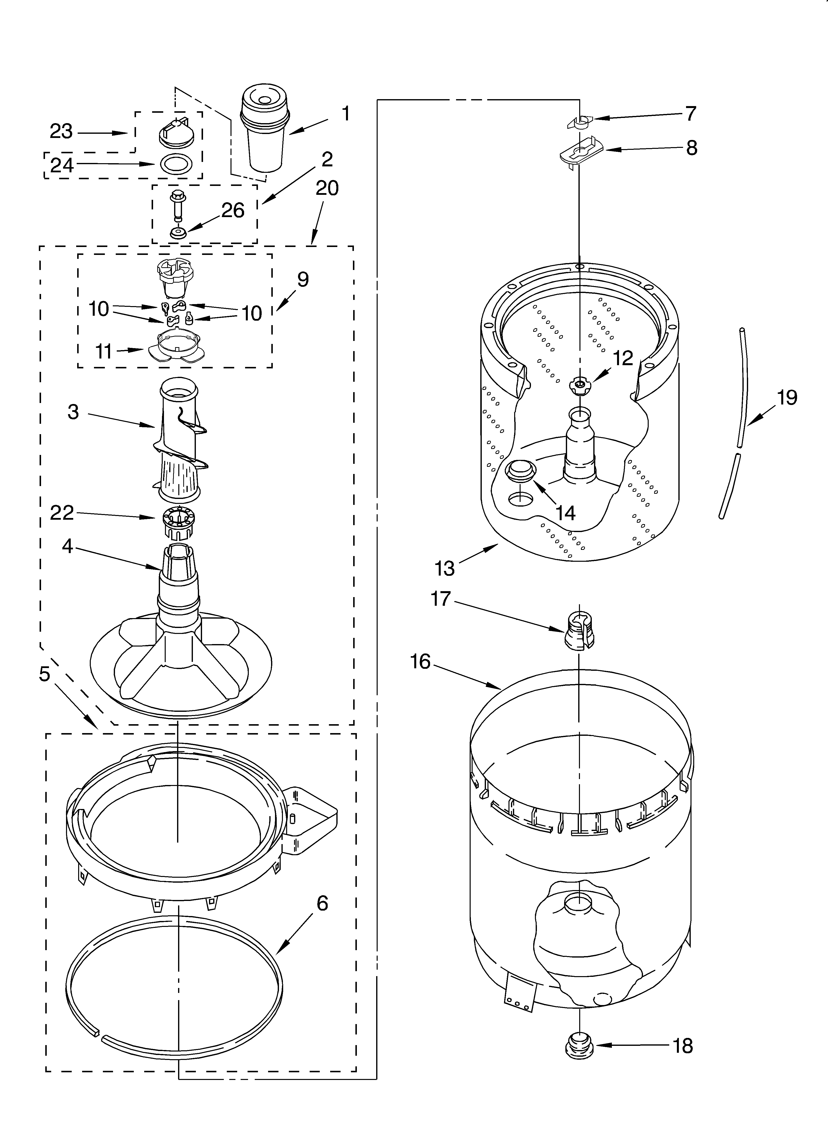 Whirlpool LSQ9010KT0 agitator, basket and tub diagram