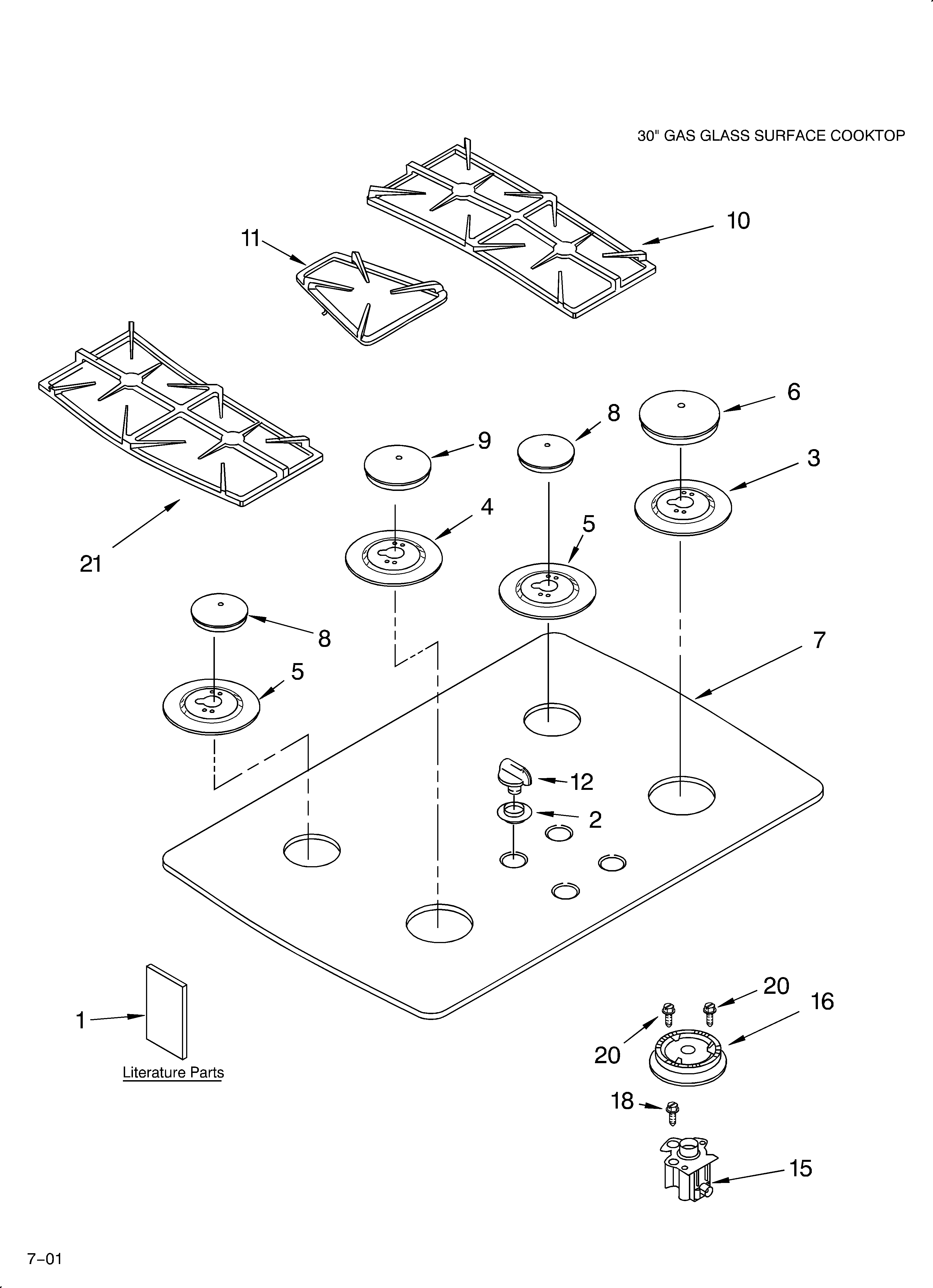 KitchenAid KGCC505HBL2 cooktop, burner and grate parts/literature diagram