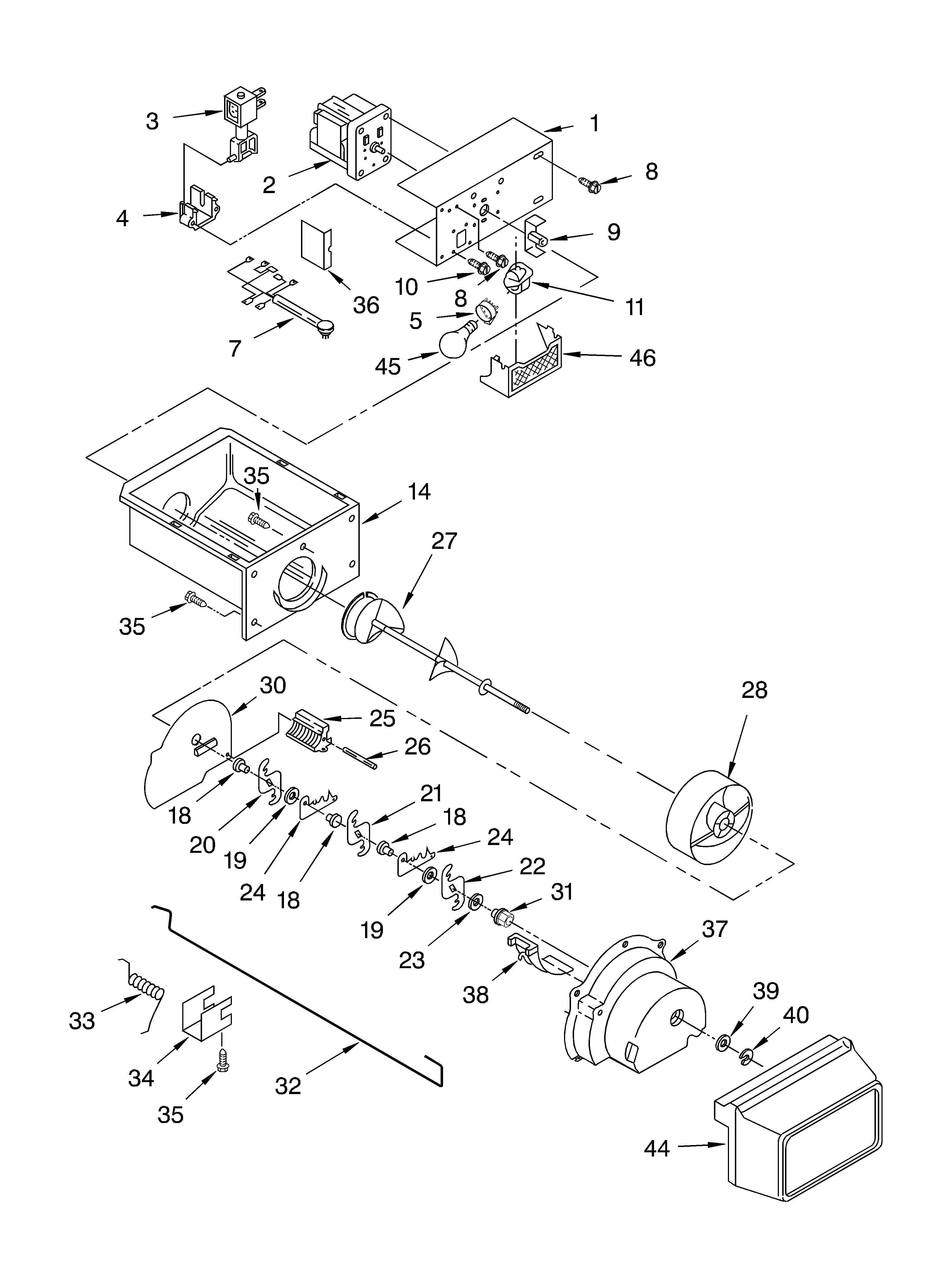 Whirlpool 6GD27DFXFS02 motor and ice container diagram