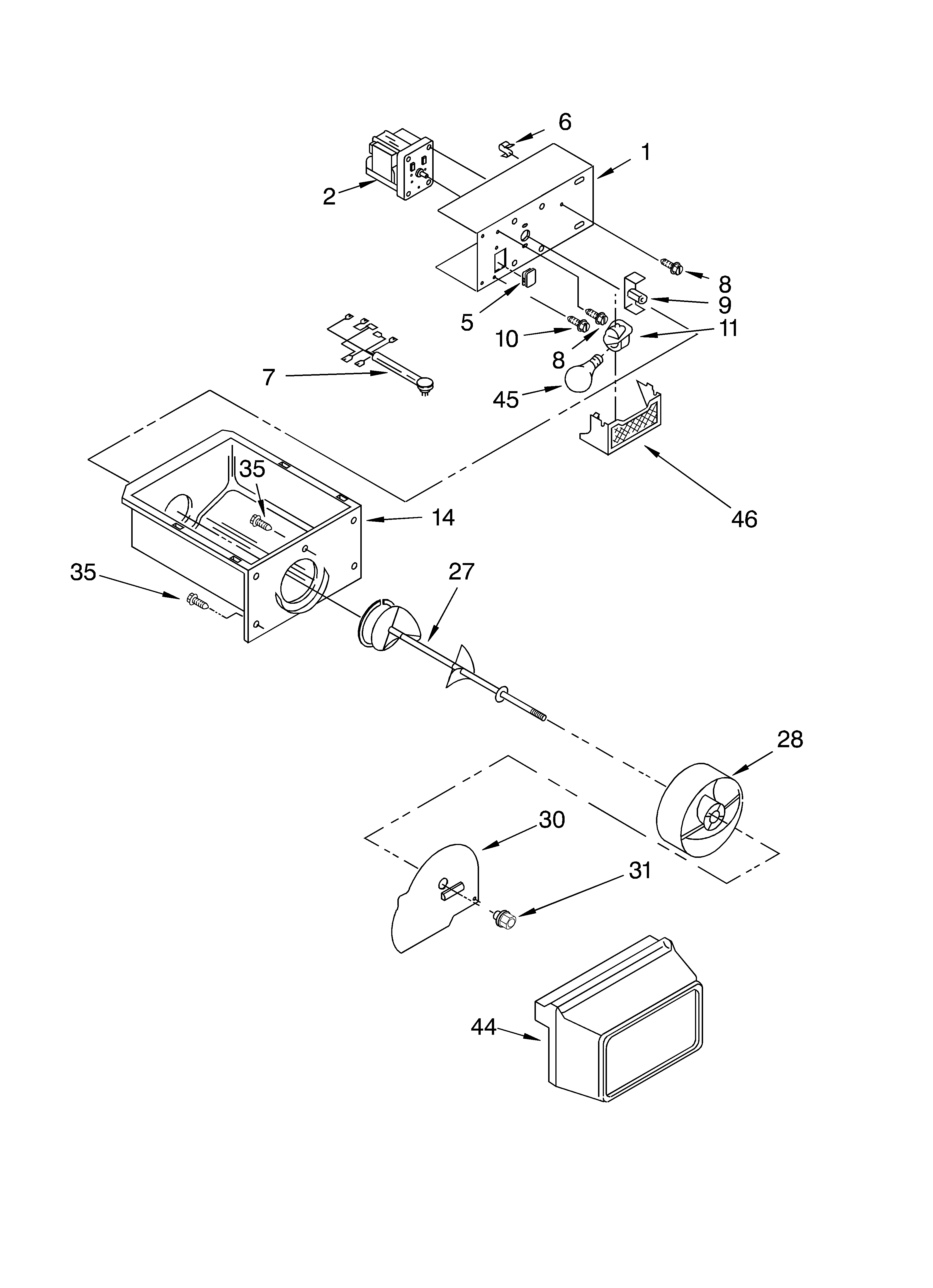 Whirlpool ED22TEXHT04 motor and ice container diagram