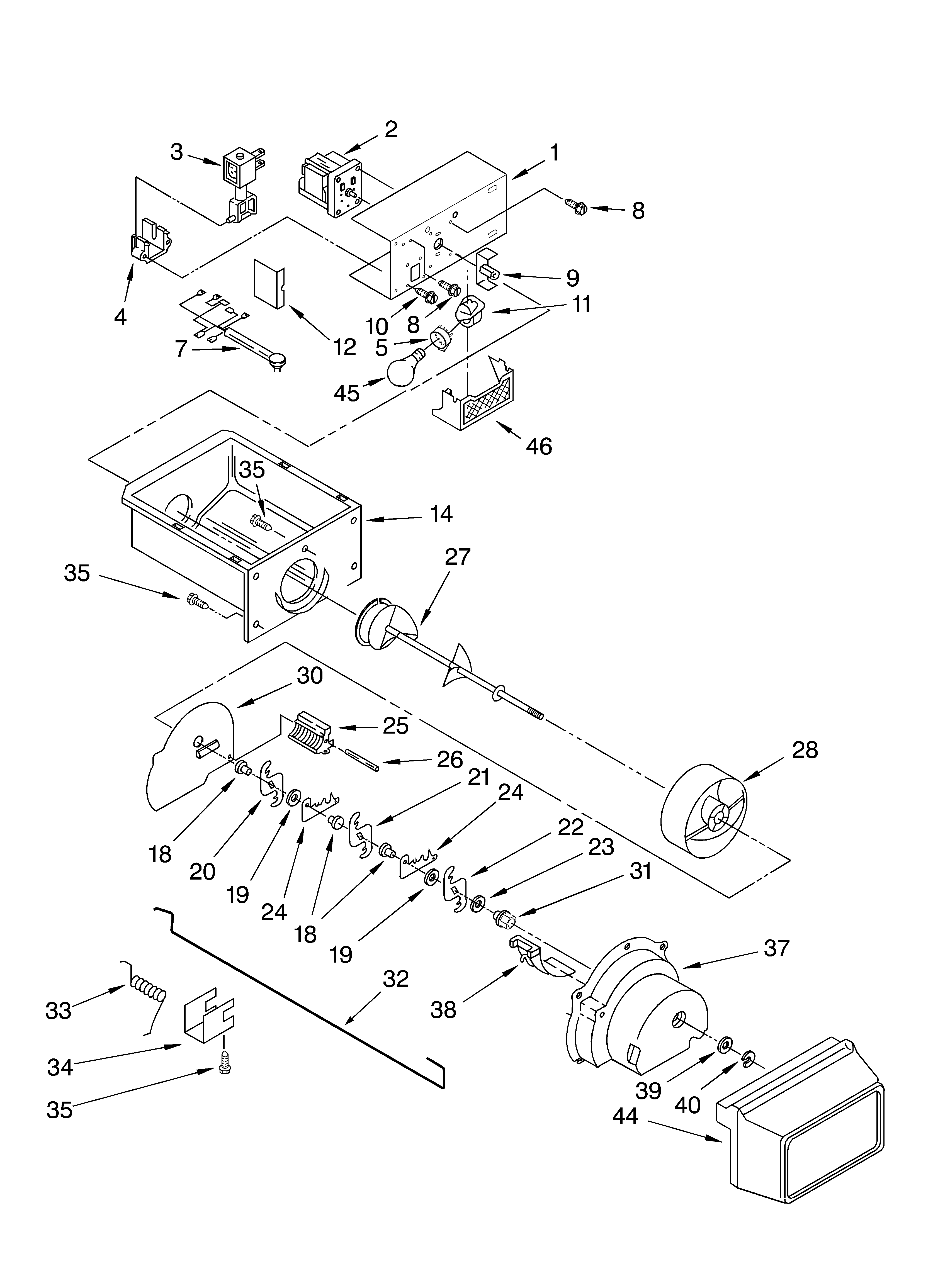 Whirlpool 4YED27DQFW04 motor and ice container diagram