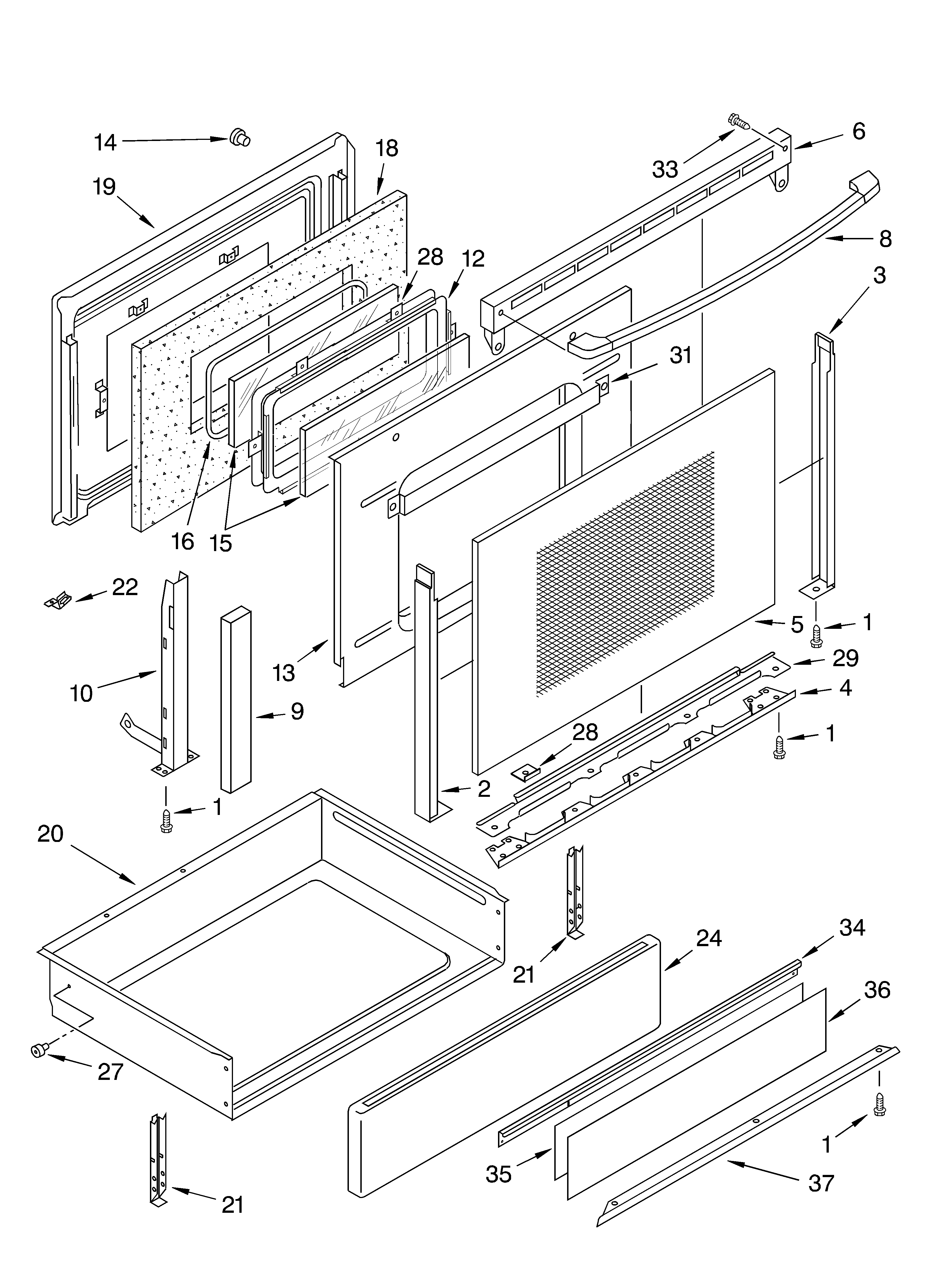 KitchenAid KESH307HWH6 door and drawer diagram
