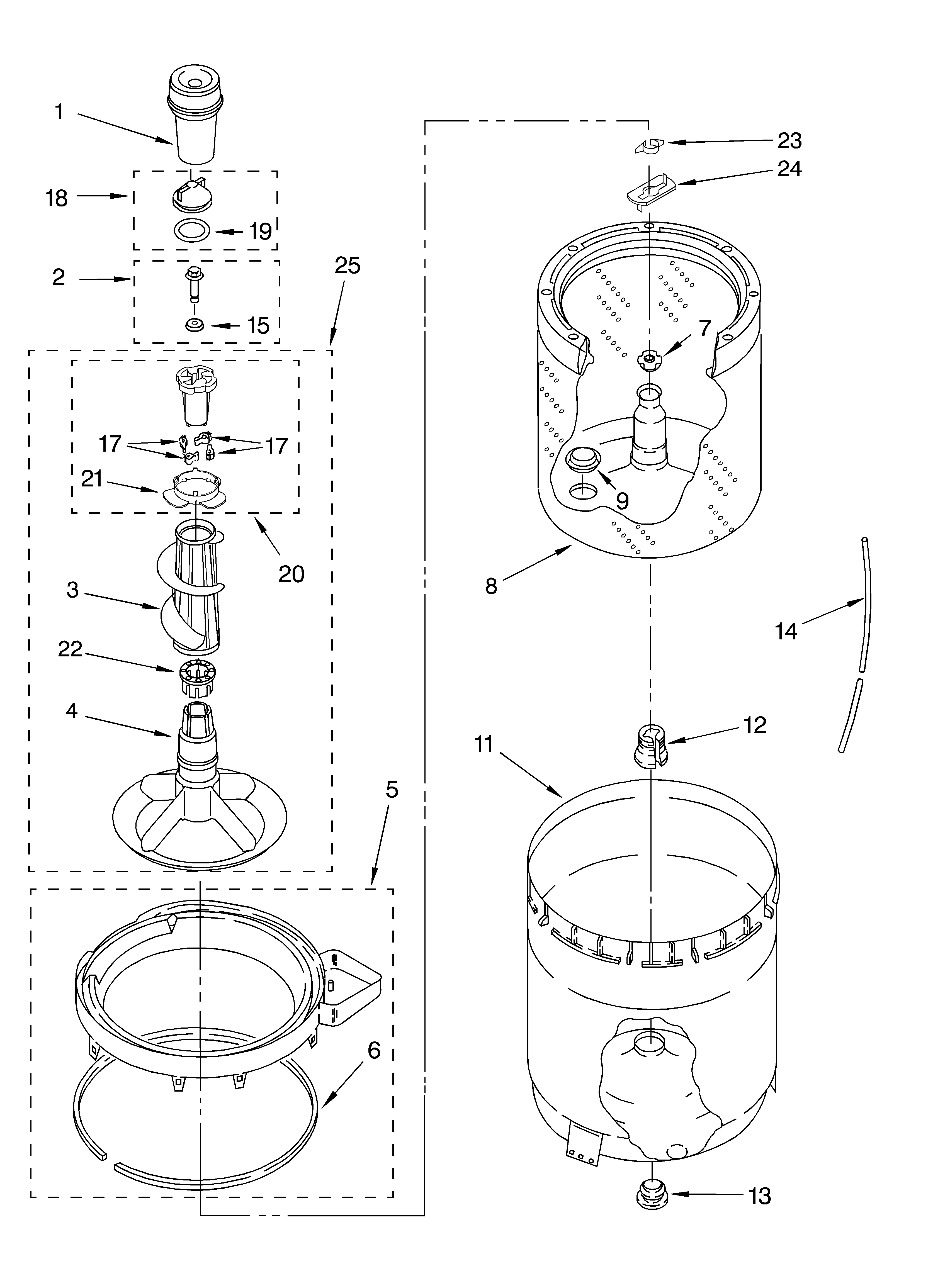 KitchenAid KAWS855JE3 agitator, basket and tub diagram