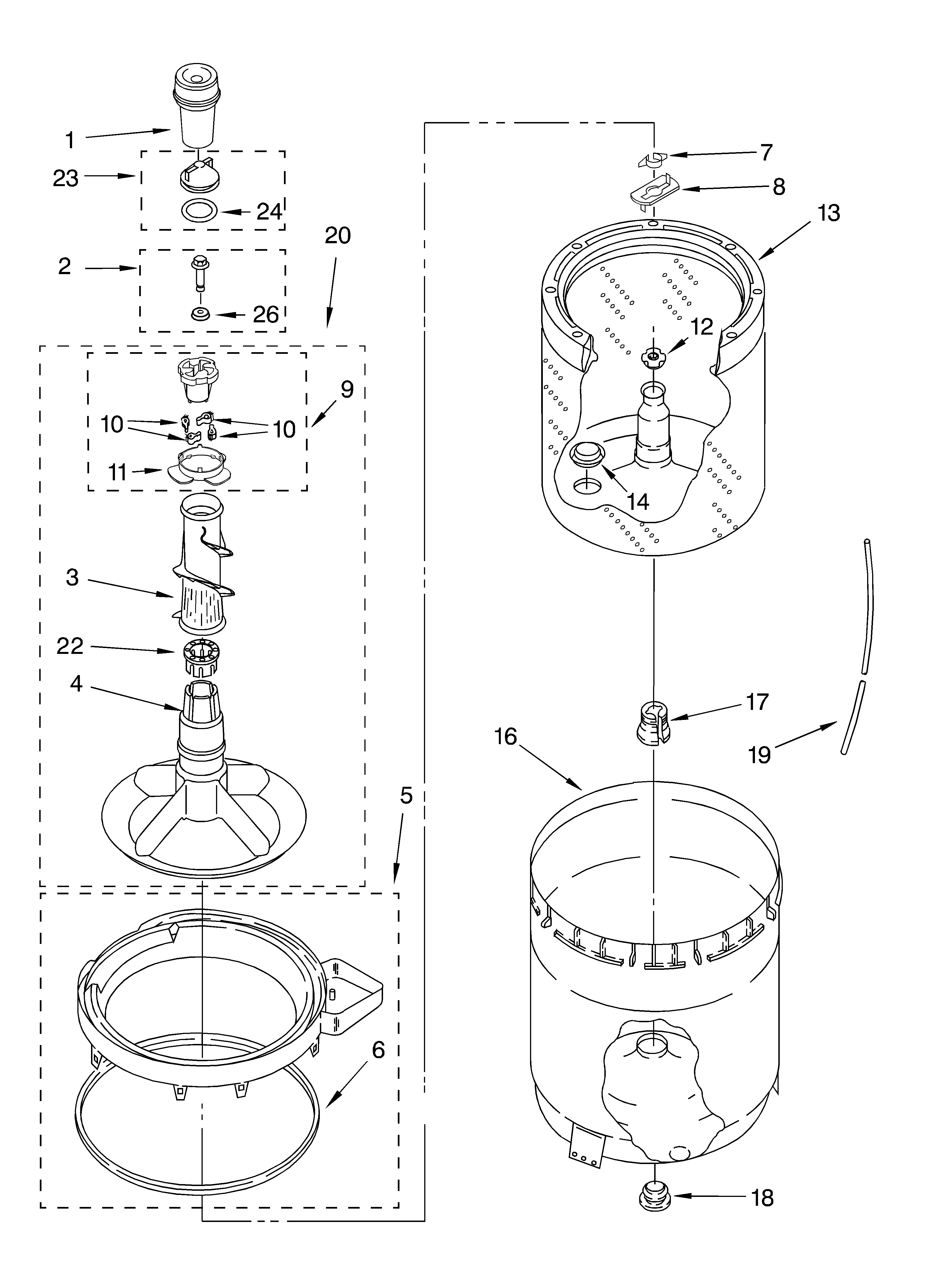 Whirlpool LSQ9665JQ3 agitator, basket and tub diagram