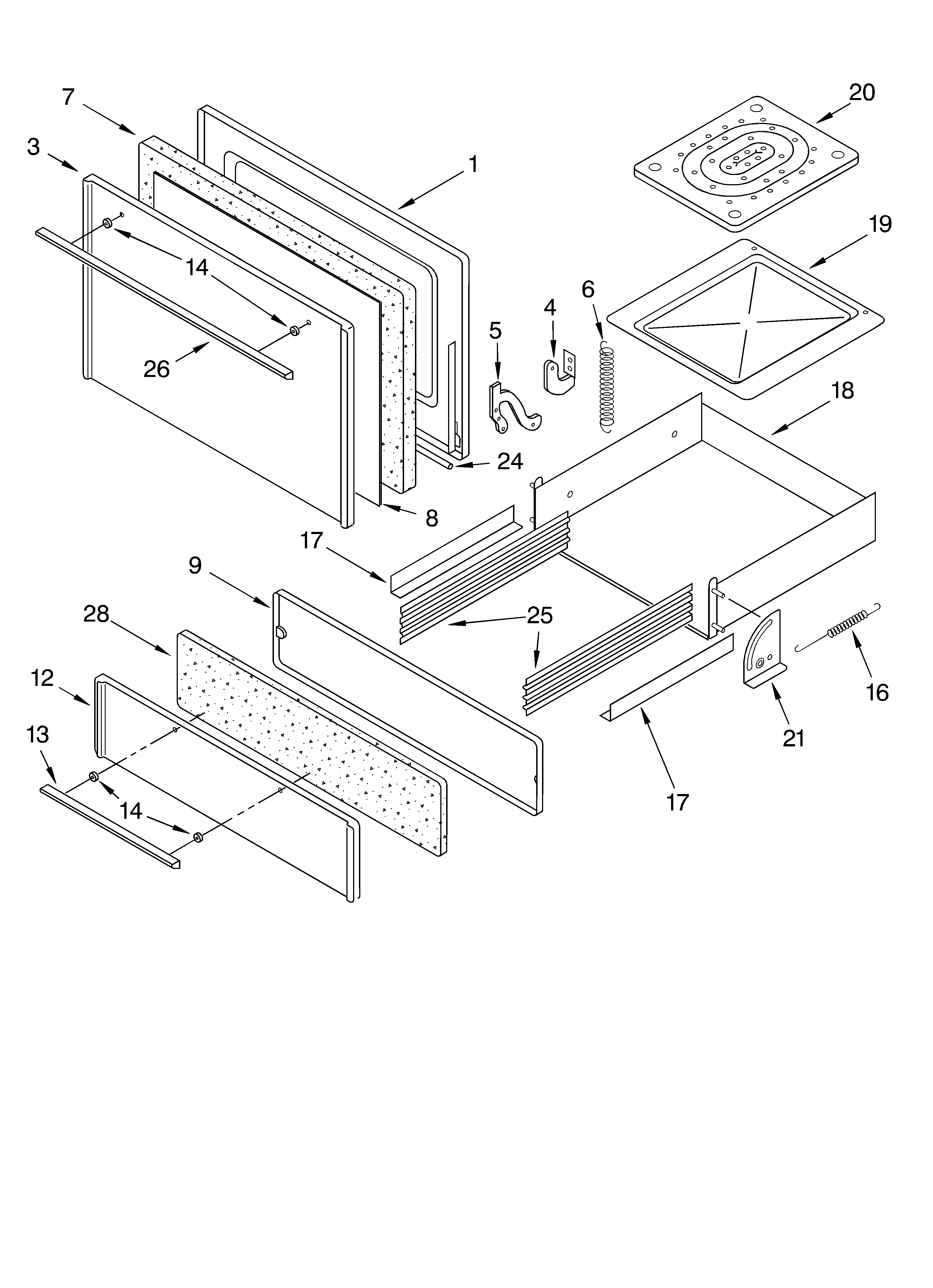 Roper FGP215KN0 oven door and broiler diagram
