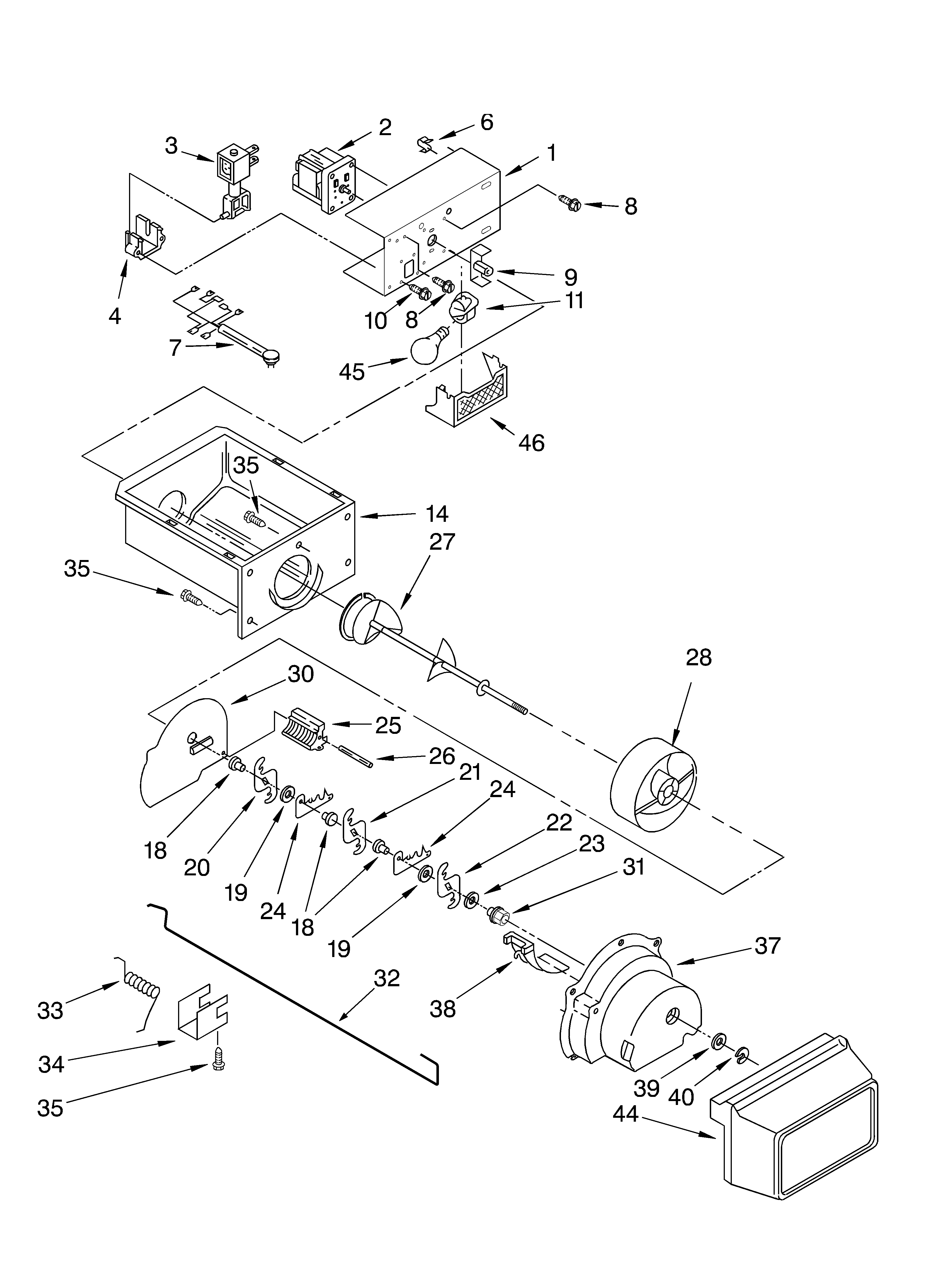 Whirlpool ED2NTQXKT00 motor and ice container diagram