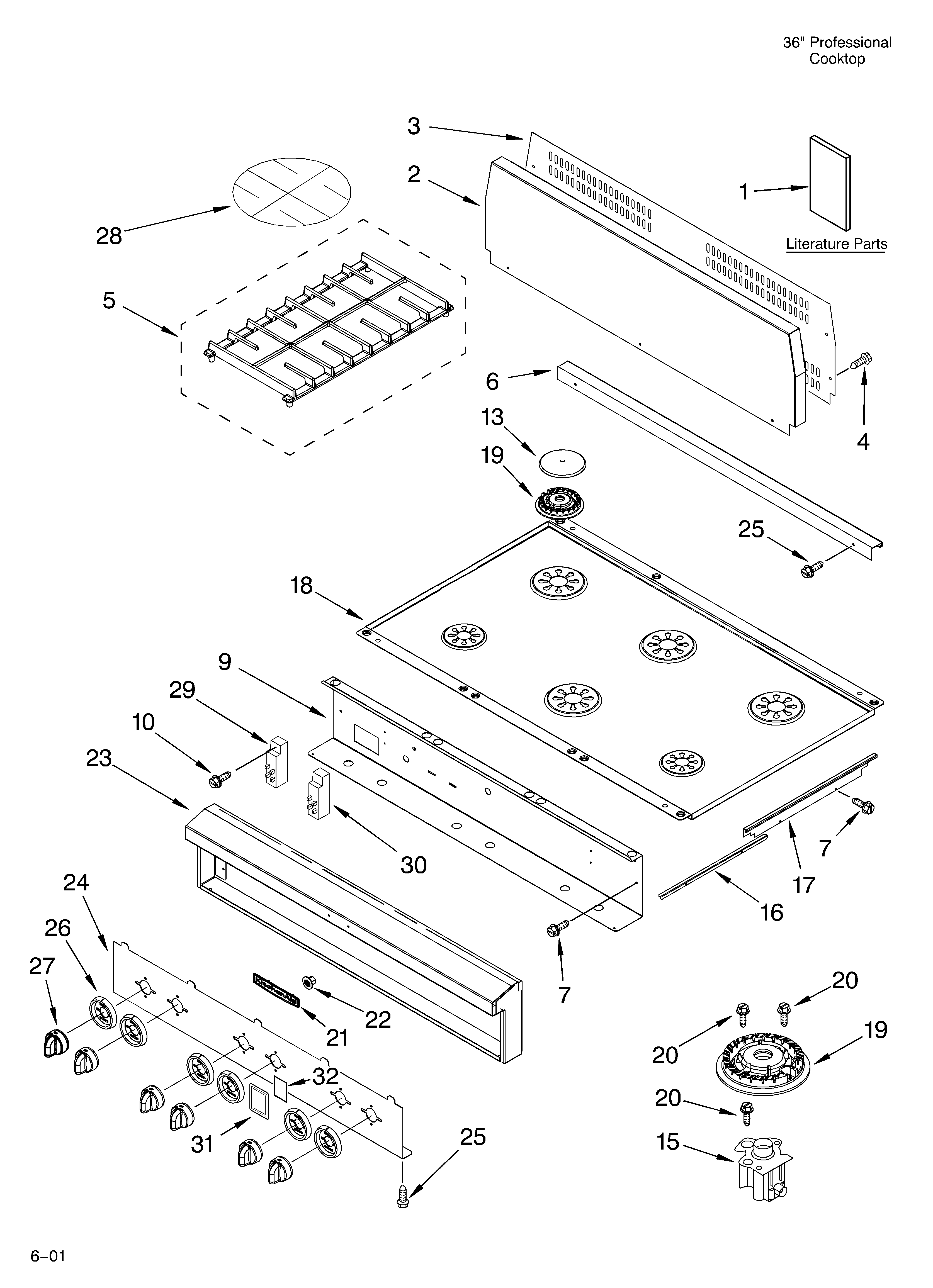 KitchenAid KGCP467JTL2 cooktop, burner/grate/literature diagram
