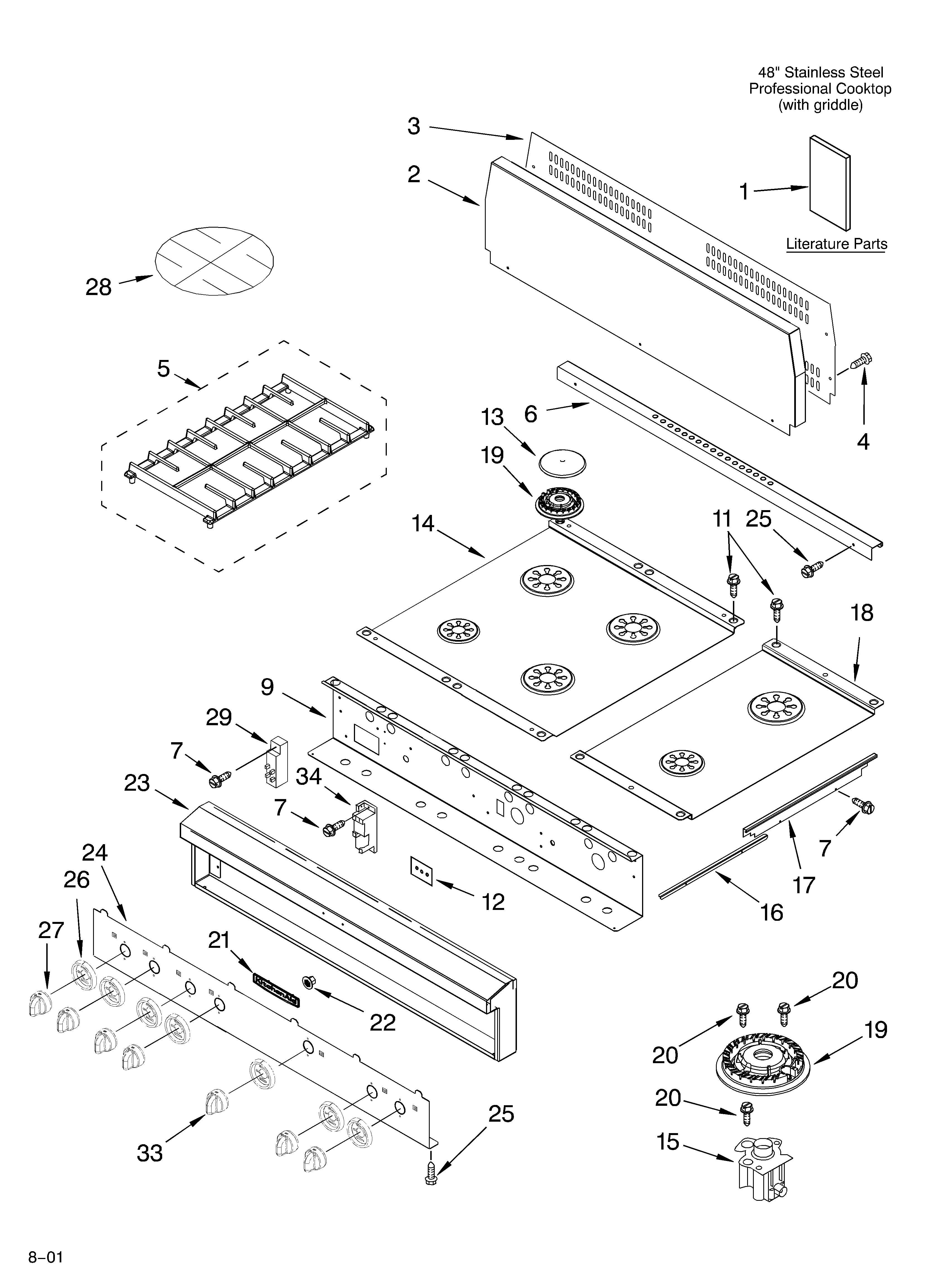KitchenAid KGCP483KSS0 cooktop, burner, and grate/literature diagram
