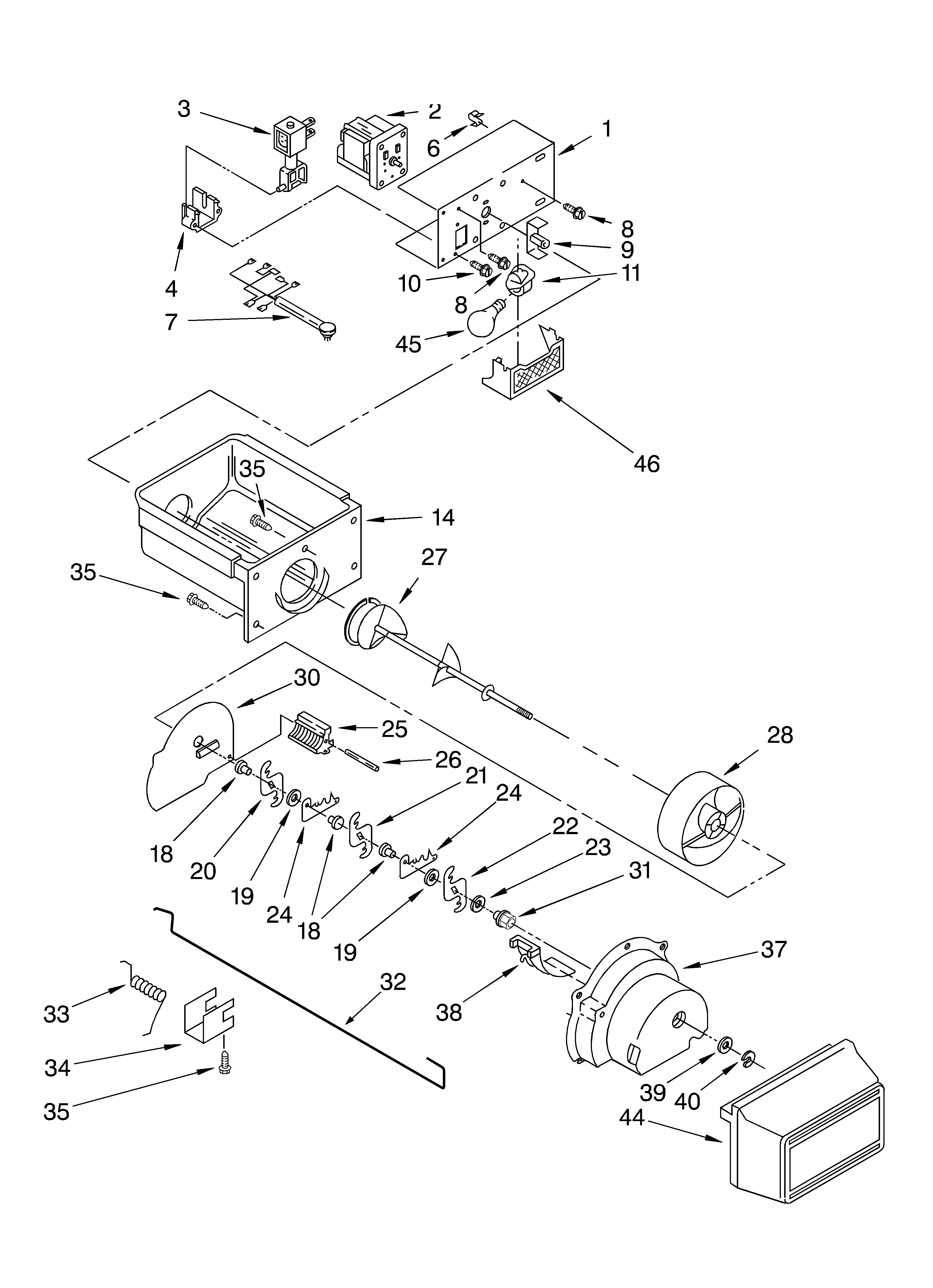 KitchenAid KSRD22FKBT01 motor and ice container diagram