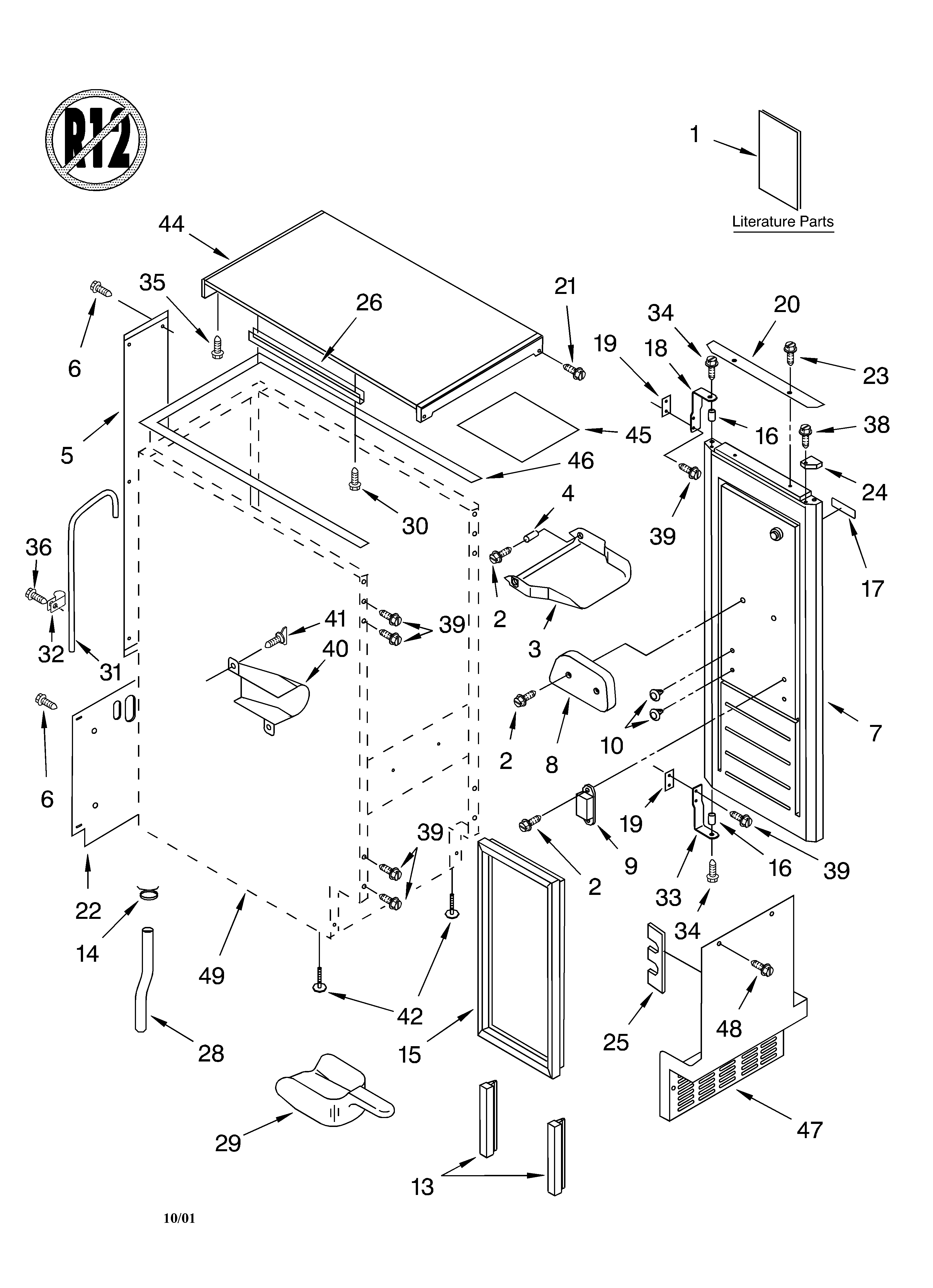 Whirlpool CSW45PA1B0 cabinet liner and door/literature diagram